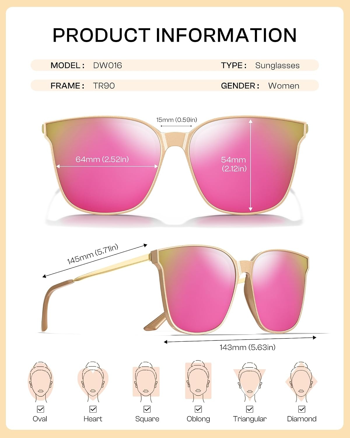 image:imageDUCO Oversized Polarized Sunglasses for Women Trendy Mirrored Shades Retro Square Light Weight UV400 Sun Glasses W01604 Gold Frame Colorful Lens