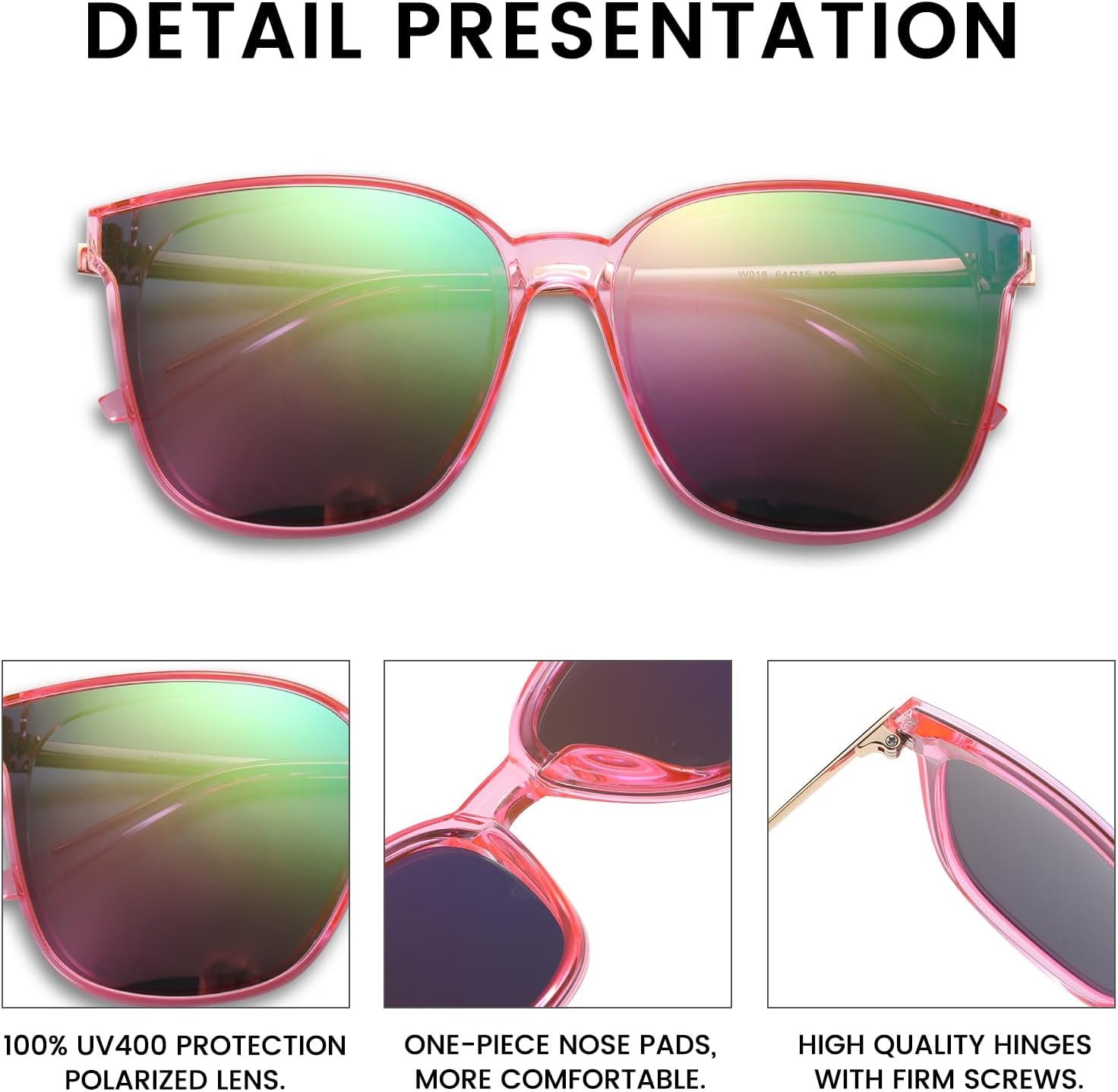 image:imageDUCO Oversized Polarized Sunglasses for Women Trendy Mirrored Shades Retro Square Light Weight UV400 Sun Glasses W01607 Pink Frame Colorful Lens