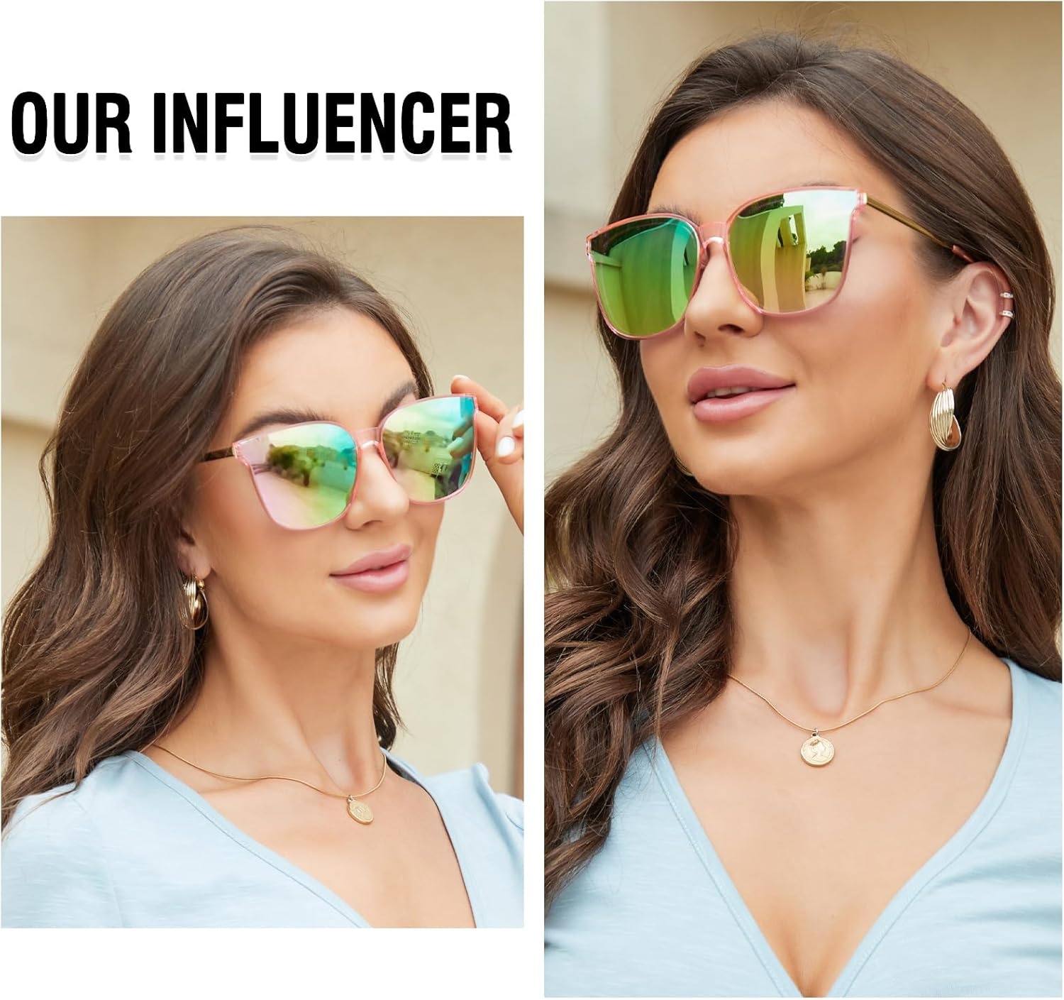 image:imageDUCO Oversized Polarized Sunglasses for Women Trendy Mirrored Shades Retro Square Light Weight UV400 Sun Glasses W01607 Pink Frame Colorful Lens