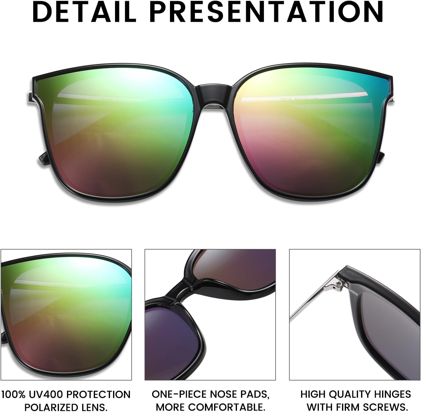 image:imageDUCO Oversized Polarized Sunglasses for Women Trendy Mirrored Shades Retro Square Light Weight UV400 Sun Glasses W01608 Black Frame Colorful Lens