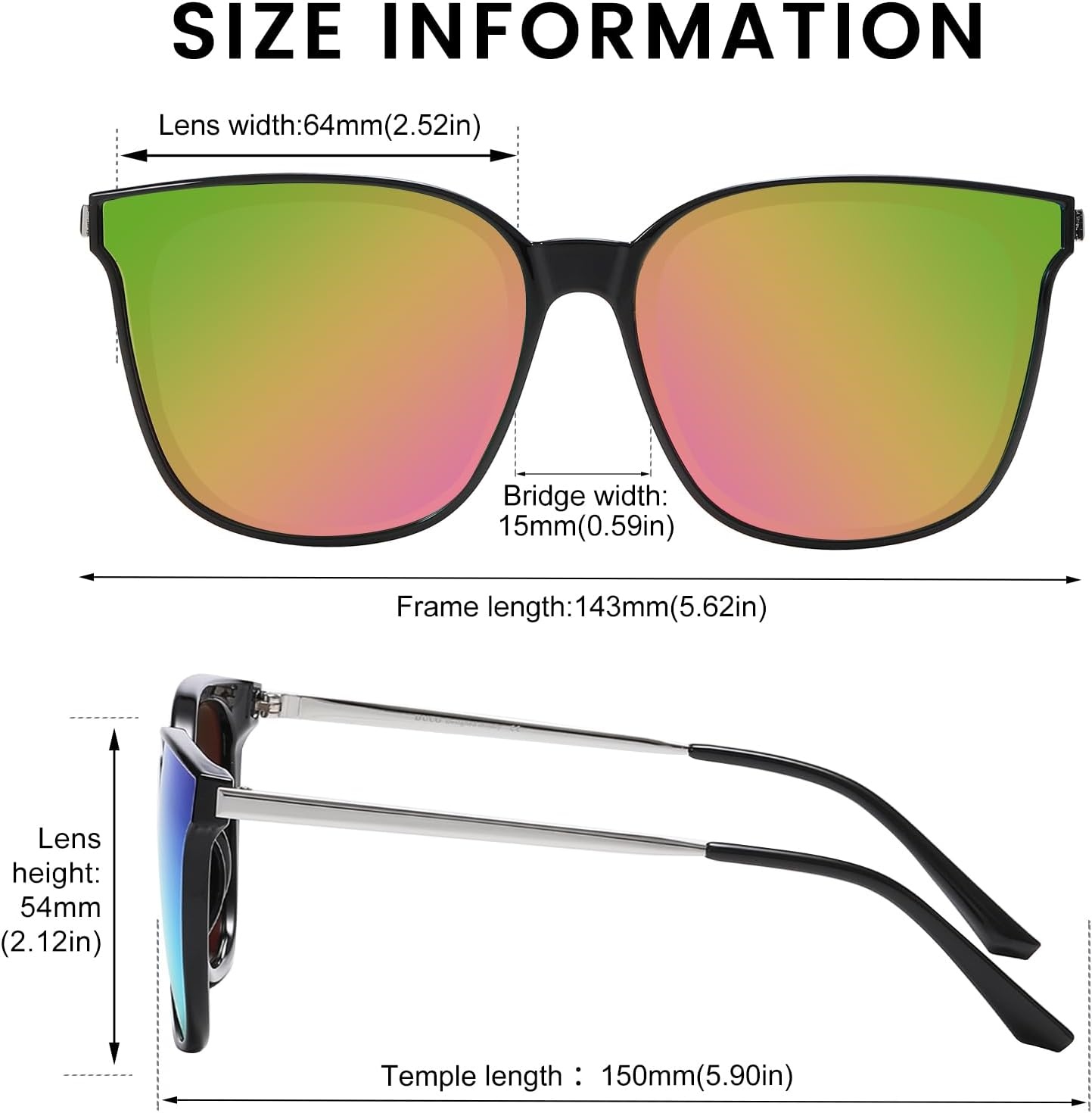 image:imageDUCO Oversized Polarized Sunglasses for Women Trendy Mirrored Shades Retro Square Light Weight UV400 Sun Glasses W01608 Black Frame Colorful Lens