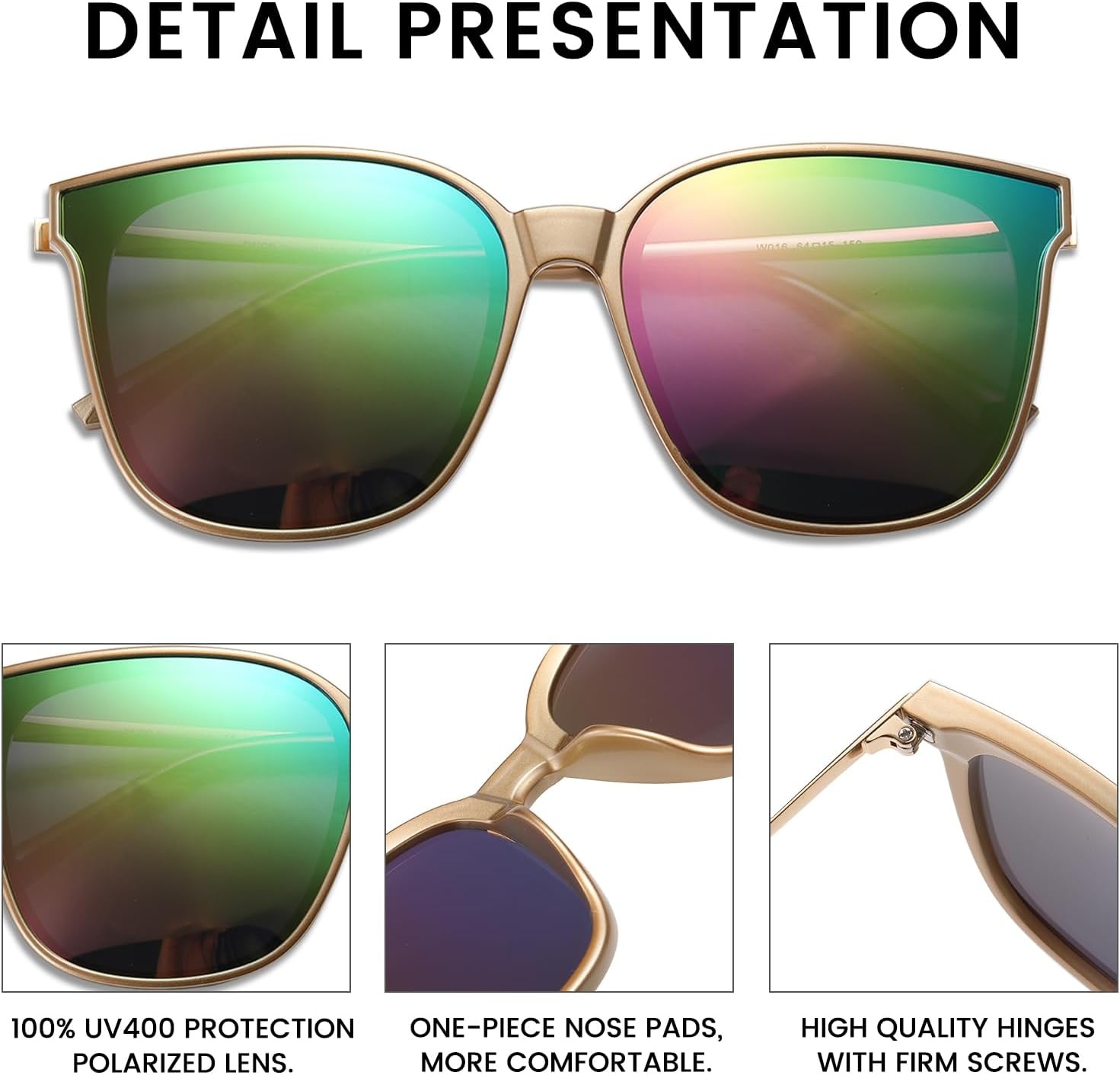 image:imageDUCO Oversized Polarized Sunglasses for Women Trendy Mirrored Shades Retro Square Light Weight UV400 Sun Glasses W01609 Gold Frame Green Colorful Lens