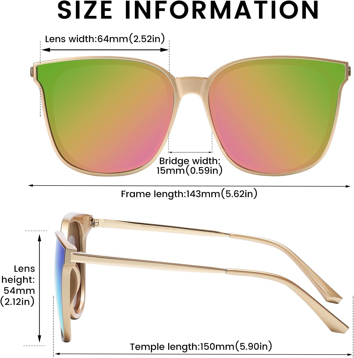 image:imageDUCO Oversized Polarized Sunglasses for Women Trendy Mirrored Shades Retro Square Light Weight UV400 Sun Glasses W01609 Gold Frame Green Colorful Lens