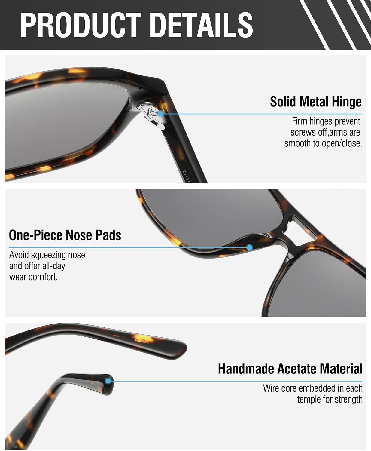image:imageDUCO Retro Square Aviator Sunglasses For Men Women Polarized Vintage Double Bridge Sun Glasses UV Protection 3024Tortoise Frame Grey Lens