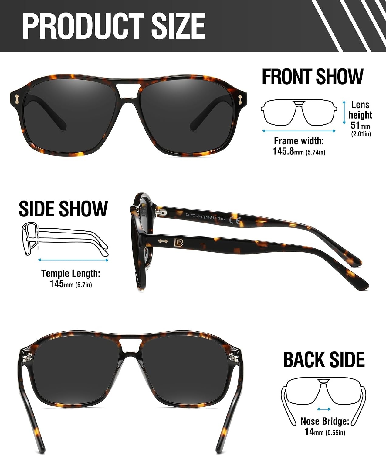 image:imageDUCO Retro Square Aviator Sunglasses For Men Women Polarized Vintage Double Bridge Sun Glasses UV Protection 3024Tortoise Frame Grey Lens