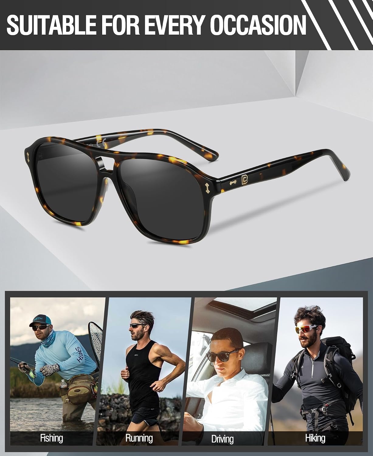 image:imageDUCO Retro Square Aviator Sunglasses For Men Women Polarized Vintage Double Bridge Sun Glasses UV Protection 3024Tortoise Frame Grey Lens