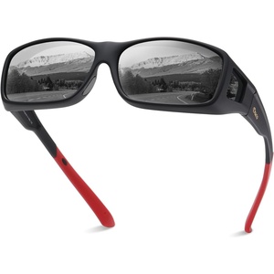 image:imageDUCO Polarized Wraparound Fitover Glasses Wear Over Sunglasses for Men Women UV Protection Sun Glasses 895404 Black Frame Red Temple Grey Lens