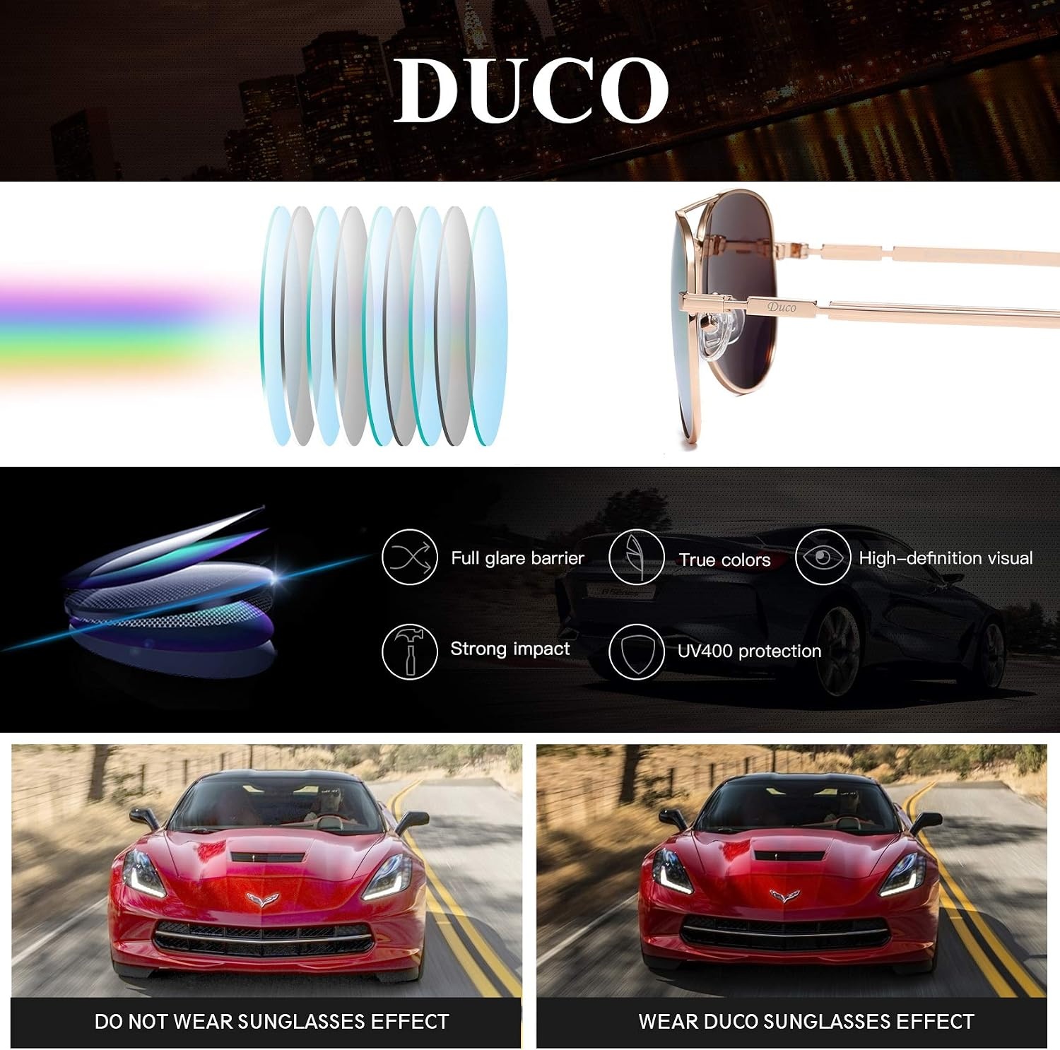 image:imageDUCO Aviator Sunglasses for Men Women Vintage Polarized Sun Glasses Mirrored Lens Metal Frame Designer Shades 3025KGold Frame Revo Pink Lens