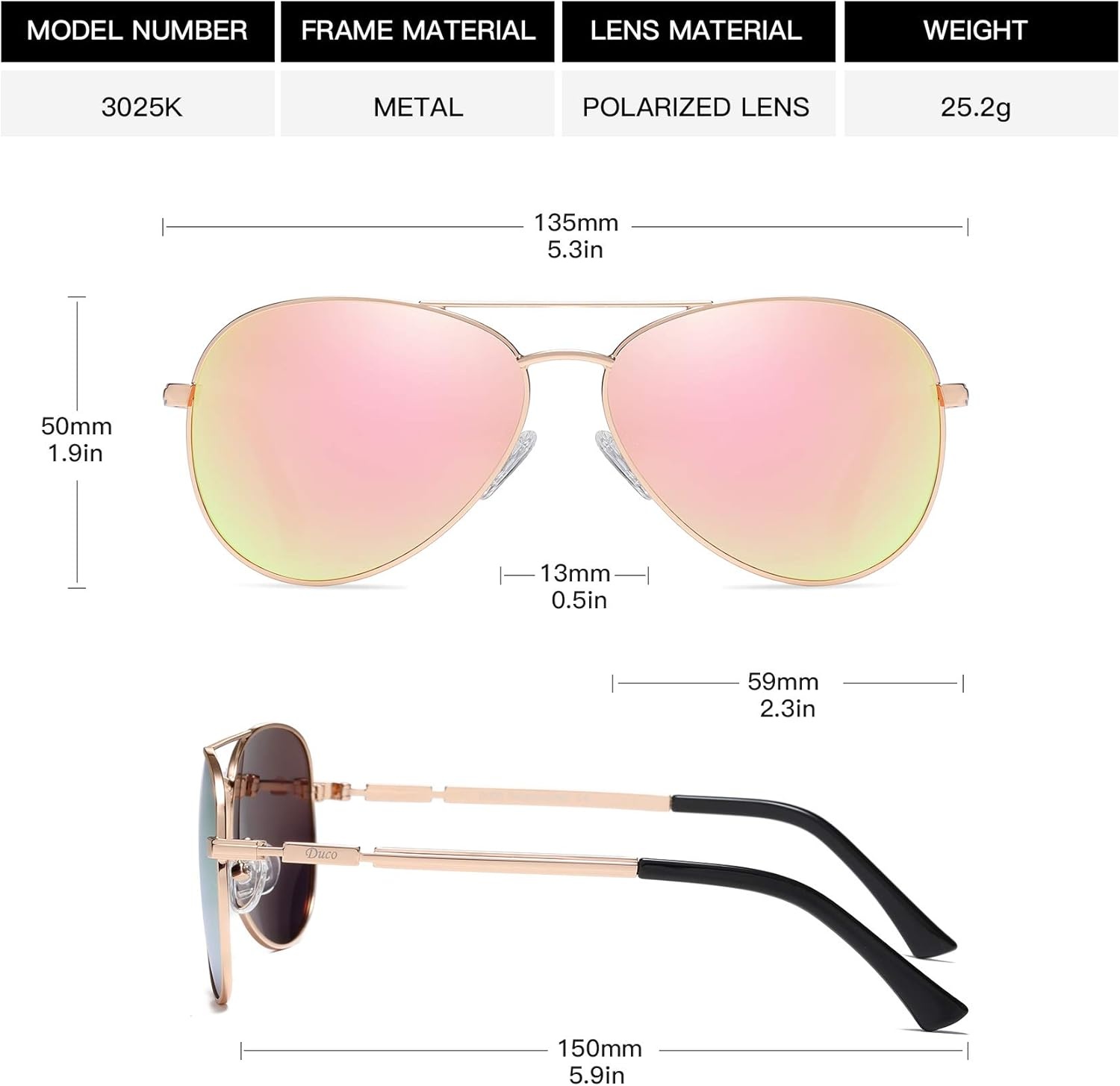 image:imageDUCO Aviator Sunglasses for Men Women Vintage Polarized Sun Glasses Mirrored Lens Metal Frame Designer Shades 3025KGold Frame Revo Pink Lens