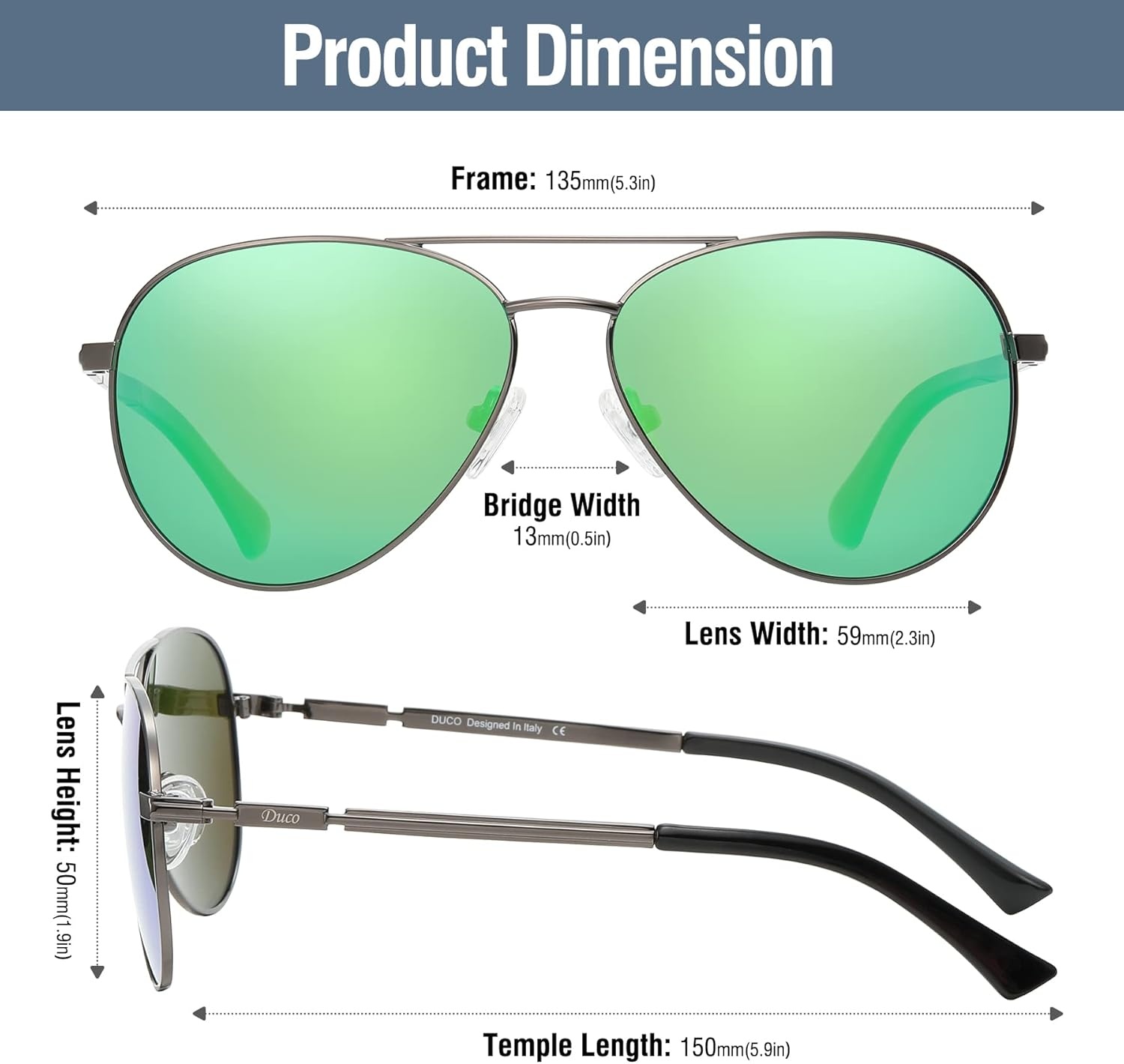 image:imageDUCO Aviator Sunglasses for Men Women Vintage Polarized Sun Glasses Mirrored Lens Metal Frame Designer Shades 3025KGunmetal Frame Revo Green Lens