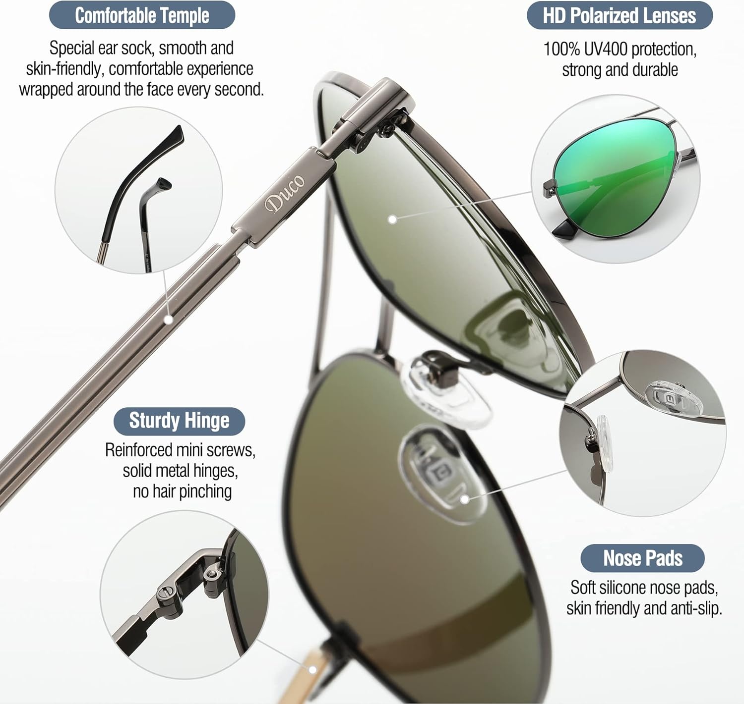 image:imageDUCO Aviator Sunglasses for Men Women Vintage Polarized Sun Glasses Mirrored Lens Metal Frame Designer Shades 3025KGunmetal Frame Revo Green Lens