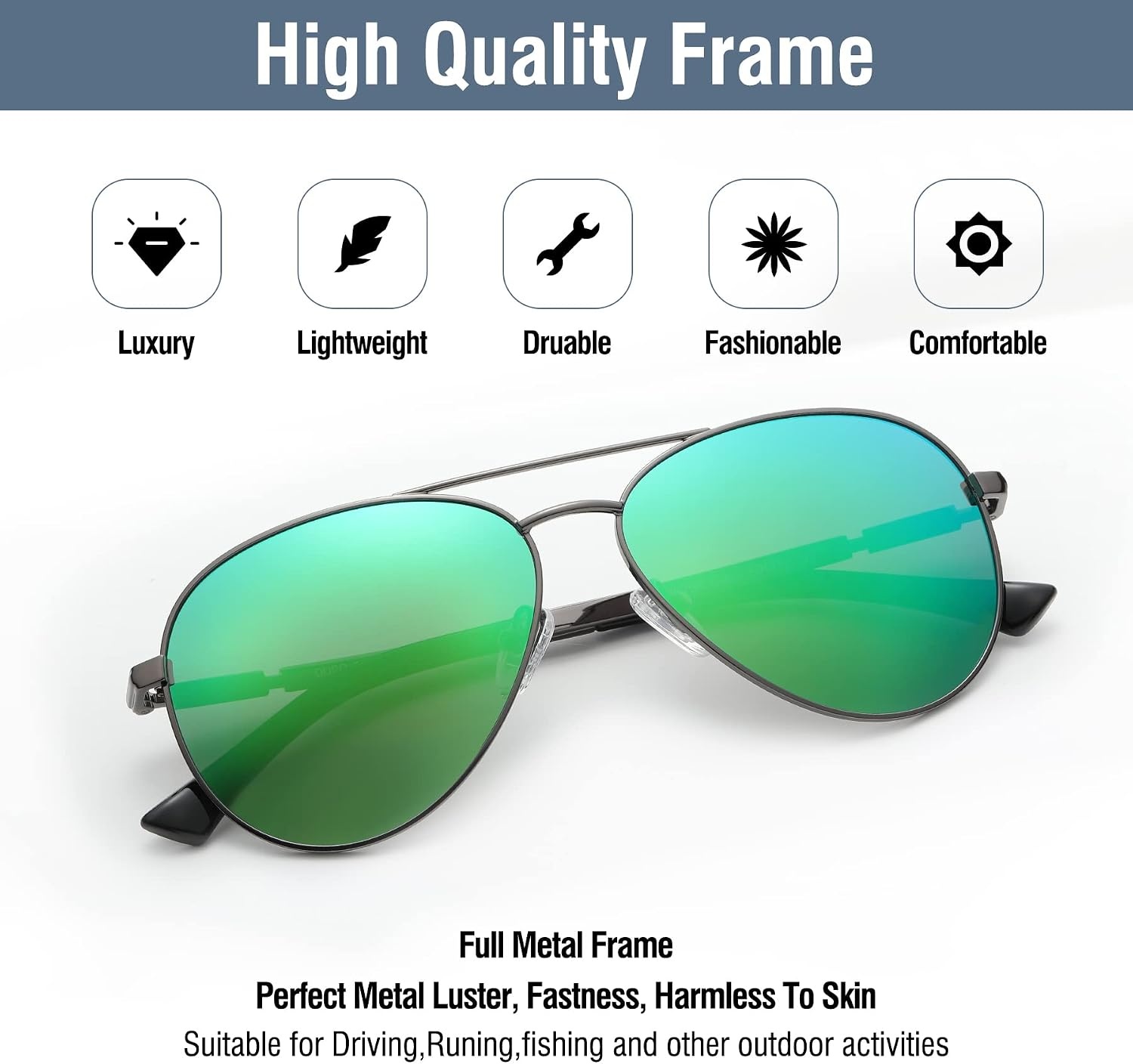image:imageDUCO Aviator Sunglasses for Men Women Vintage Polarized Sun Glasses Mirrored Lens Metal Frame Designer Shades 3025KGunmetal Frame Revo Green Lens