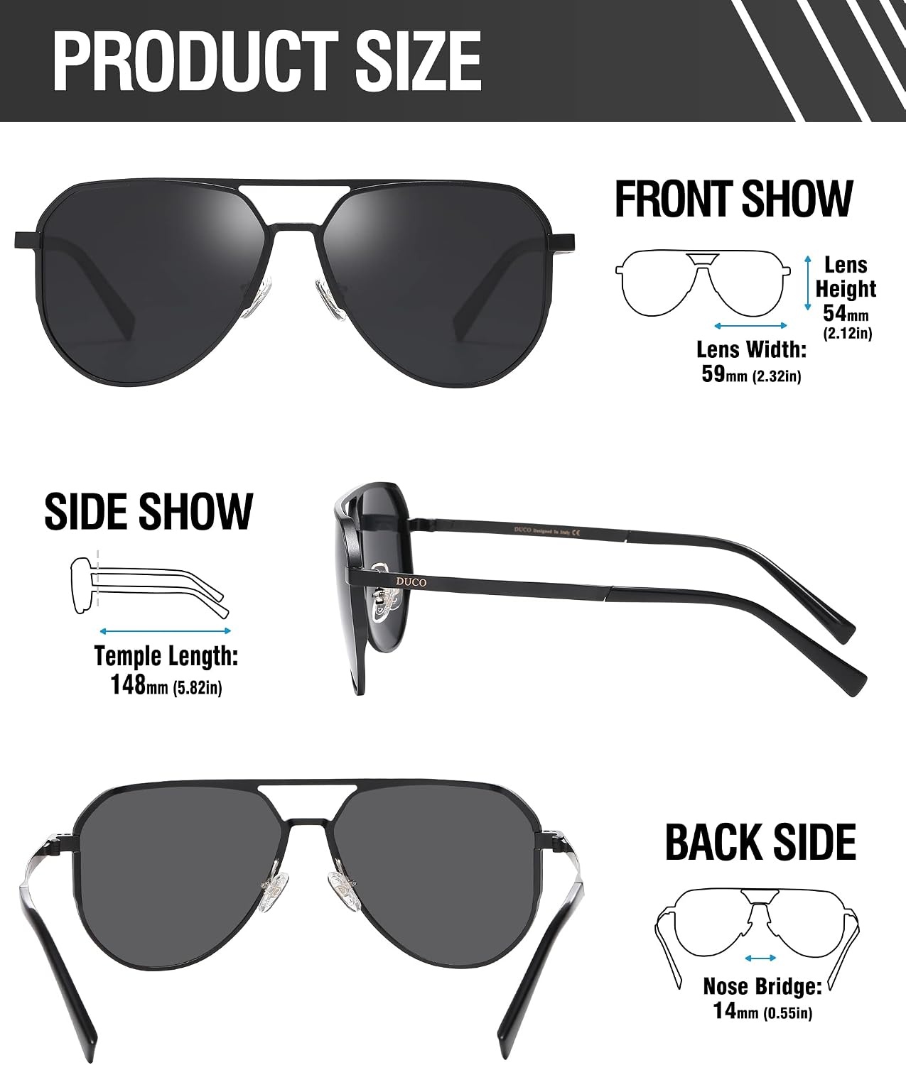 image:imageDUCO Mens Sunglasses Retro Oversized Metal Frame Vintage Polarized Sunglasses for Women Fashion Shades UV Protection DC3039Black Frame Grey Lens