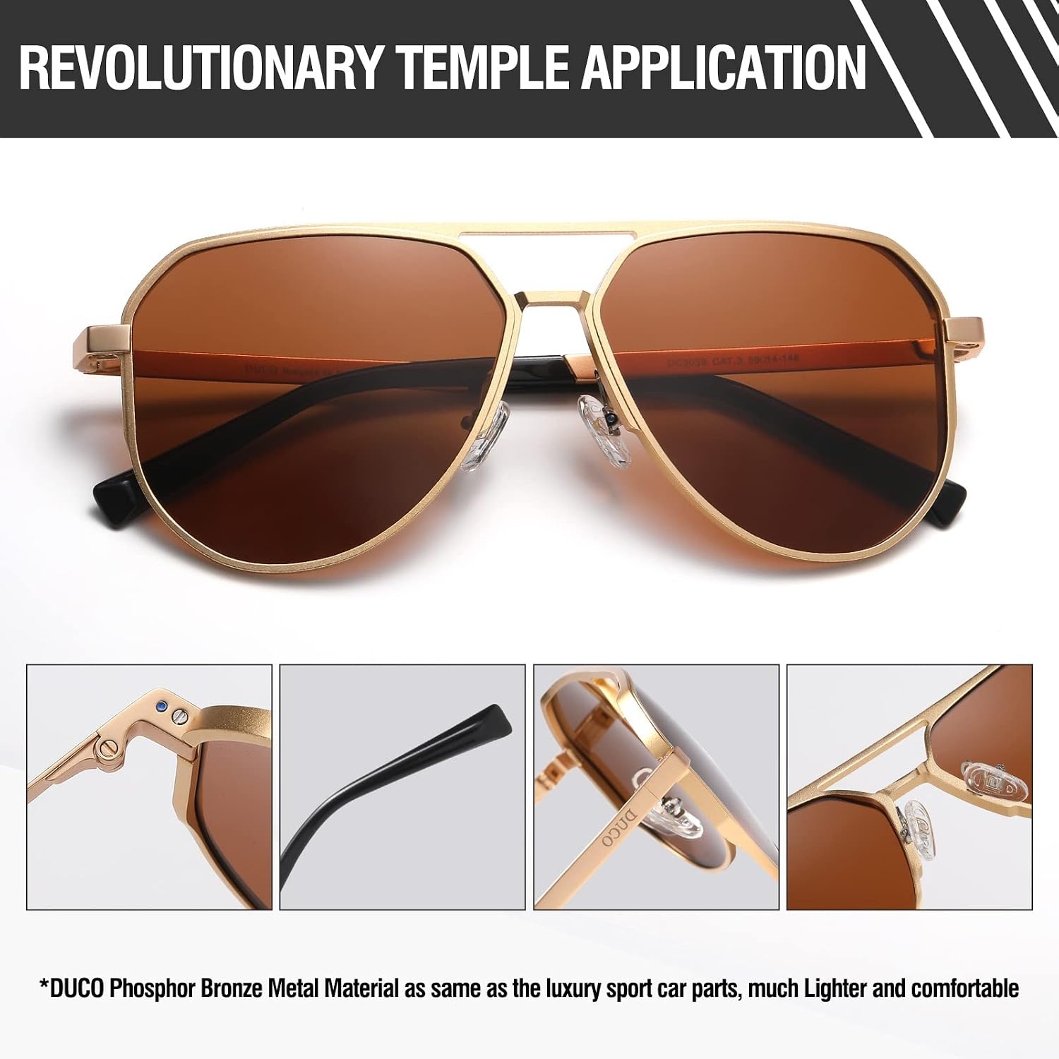 image:imageDUCO Mens Sunglasses Retro Oversized Metal Frame Vintage Polarized Sunglasses for Women Fashion Shades UV Protection DC3039Gold Frame Brown Lens