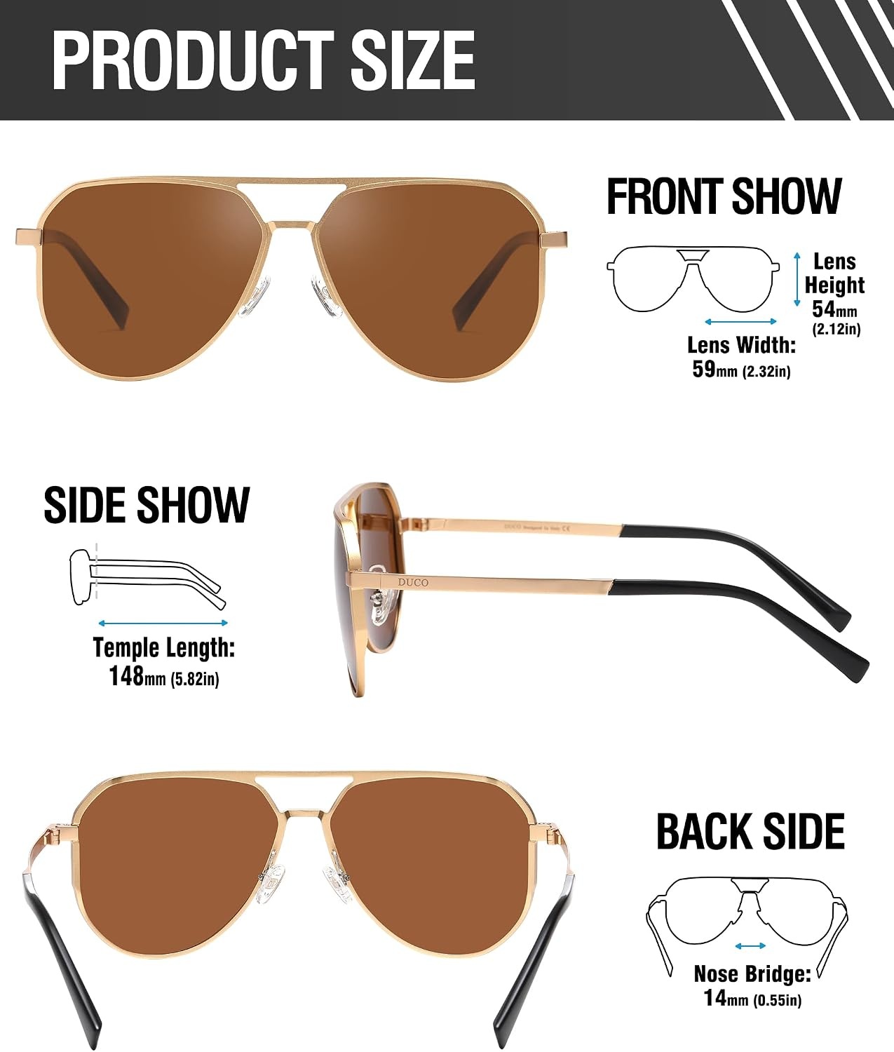 image:imageDUCO Mens Sunglasses Retro Oversized Metal Frame Vintage Polarized Sunglasses for Women Fashion Shades UV Protection DC3039Gold Frame Brown Lens