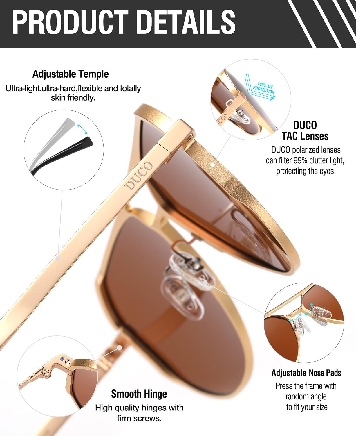 image:imageDUCO Mens Sunglasses Retro Oversized Metal Frame Vintage Polarized Sunglasses for Women Fashion Shades UV Protection DC3039Gold Frame Brown Lens