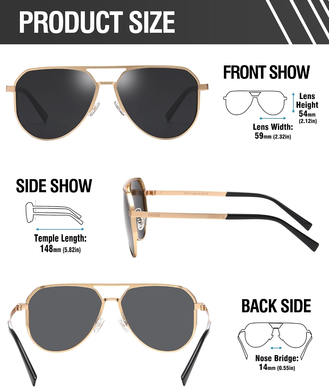 image:imageDUCO Mens Sunglasses Retro Oversized Metal Frame Vintage Polarized Sunglasses for Women Fashion Shades UV Protection DC3039Gold Frame Grey Lens