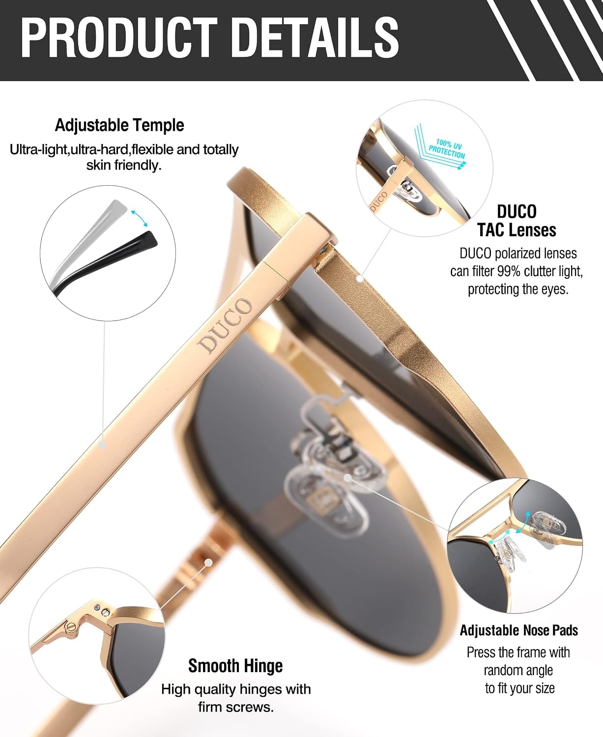image:imageDUCO Mens Sunglasses Retro Oversized Metal Frame Vintage Polarized Sunglasses for Women Fashion Shades UV Protection DC3039Gold Frame Grey Lens