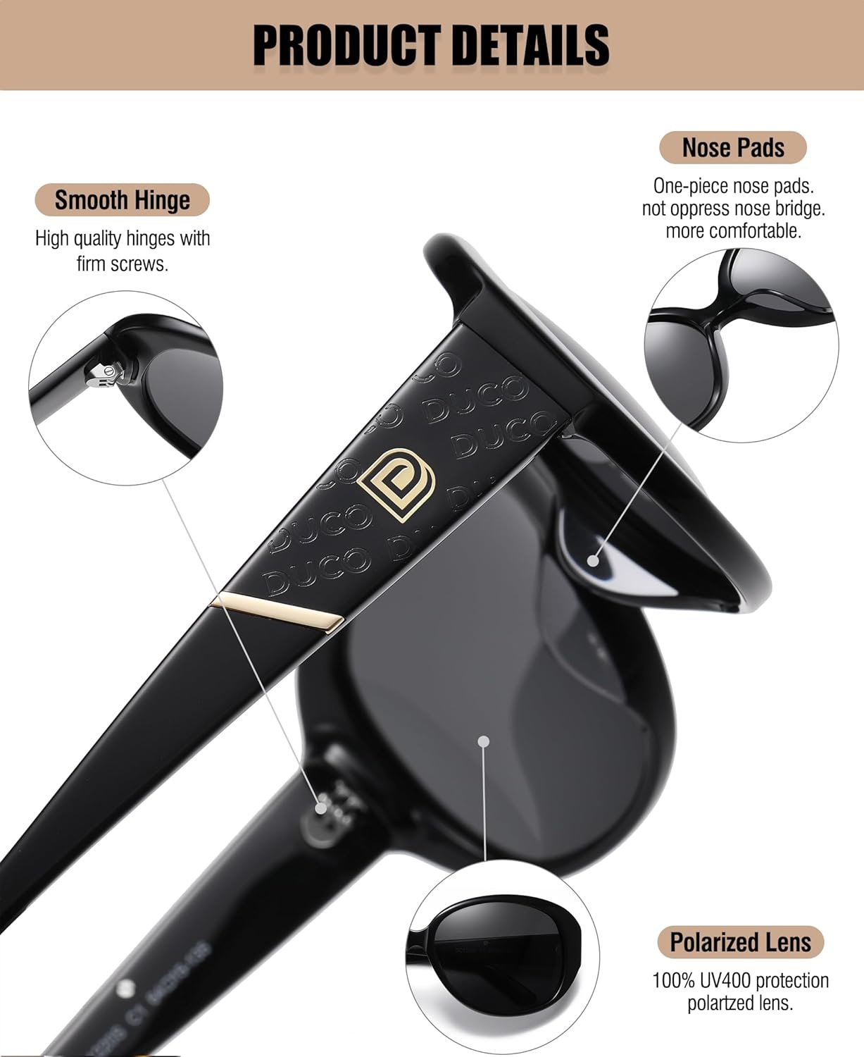 image:imageDUCO Oversized Acetate Frame Polarized Sunglasses for Women Retro Vintage Ladies Shades 1220sBlack Frame Grey Lens