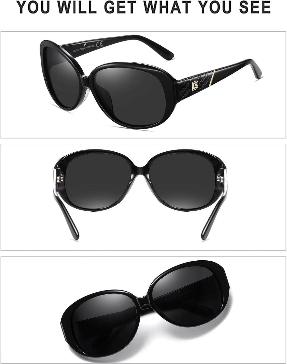 image:imageDUCO Oversized Acetate Frame Polarized Sunglasses for Women Retro Vintage Ladies Shades 1220sBlack Frame Grey Lens