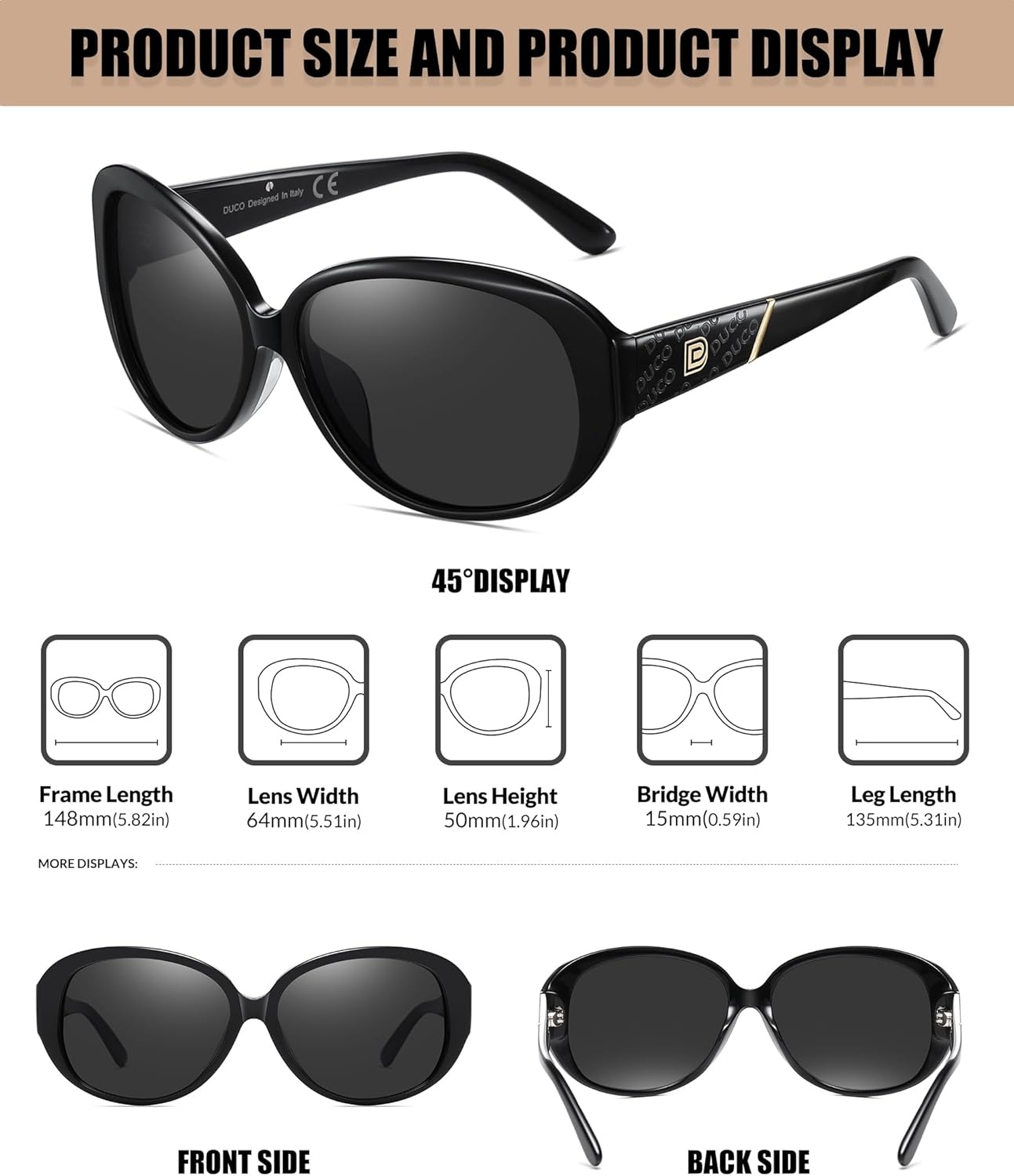 image:imageDUCO Oversized Acetate Frame Polarized Sunglasses for Women Retro Vintage Ladies Shades 1220sBlack Frame Grey Lens