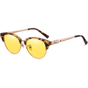 image:imageDUCO Round SemiRimless Night Vision Driving Glasses Polarized Anti Glare Eyewear for Men and Women HD Yellow TintedBrown Tortoise Frame Night Vision Lens