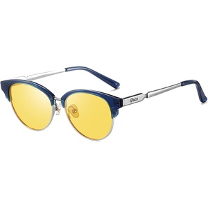 image:imageDUCO Round SemiRimless Night Vision Driving Glasses Polarized Anti Glare Eyewear for Men and Women HD Yellow TintedTransparent Blue Frame Night Vision Lens