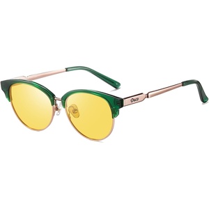 image:imageDUCO Round SemiRimless Night Vision Driving Glasses Polarized Anti Glare Eyewear for Men and Women HD Yellow TintedTransparent Green Frame Night Vision Lens
