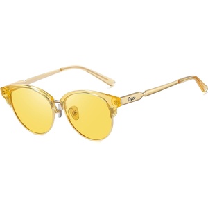 image:imageDUCO Round SemiRimless Night Vision Driving Glasses Polarized Anti Glare Eyewear for Men and Women HD Yellow TintedTransparent Yellow Frame Night Vision Lens