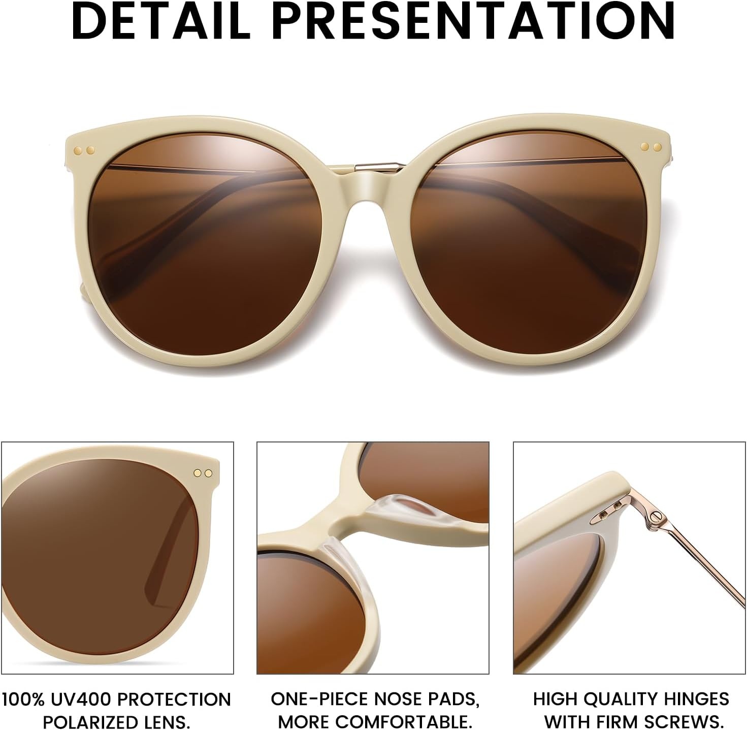 image:imageDUCO Oversized Polarized Sunglasses Womens Trendy Mirrored Shades Retro Round Vintage Light Weight UV400 Sun Glasses W016 34Beige Frame Brown Lens