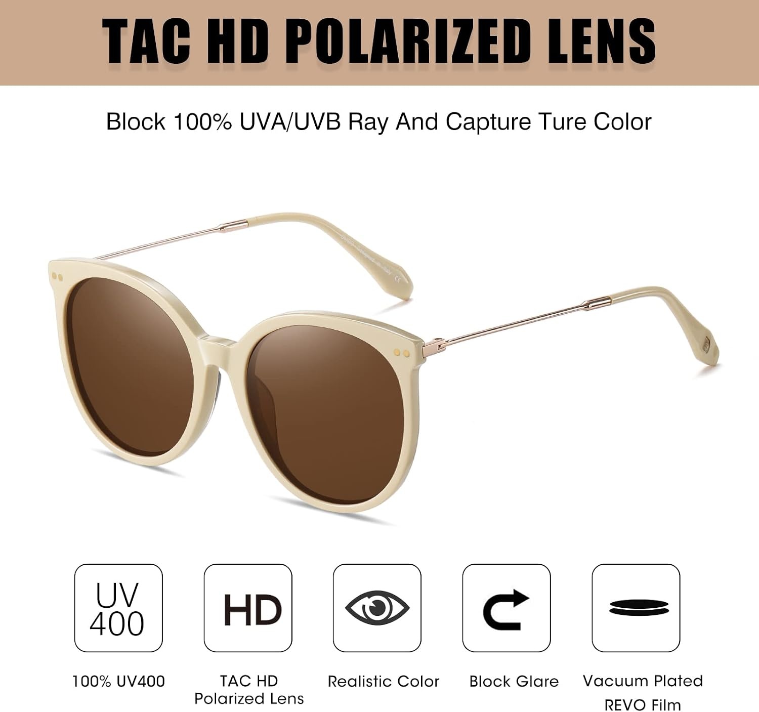 image:imageDUCO Oversized Polarized Sunglasses Womens Trendy Mirrored Shades Retro Round Vintage Light Weight UV400 Sun Glasses W016 34Beige Frame Brown Lens