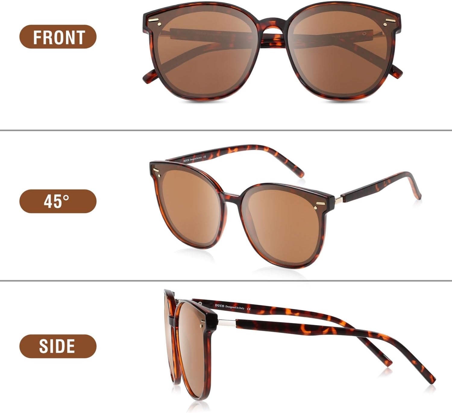 image:imageDUCO Retro Round Polarized Sunglasses for Women Men Oversized Vintage Shades W017 L Size Tortoise Brown Frame Brown Lens