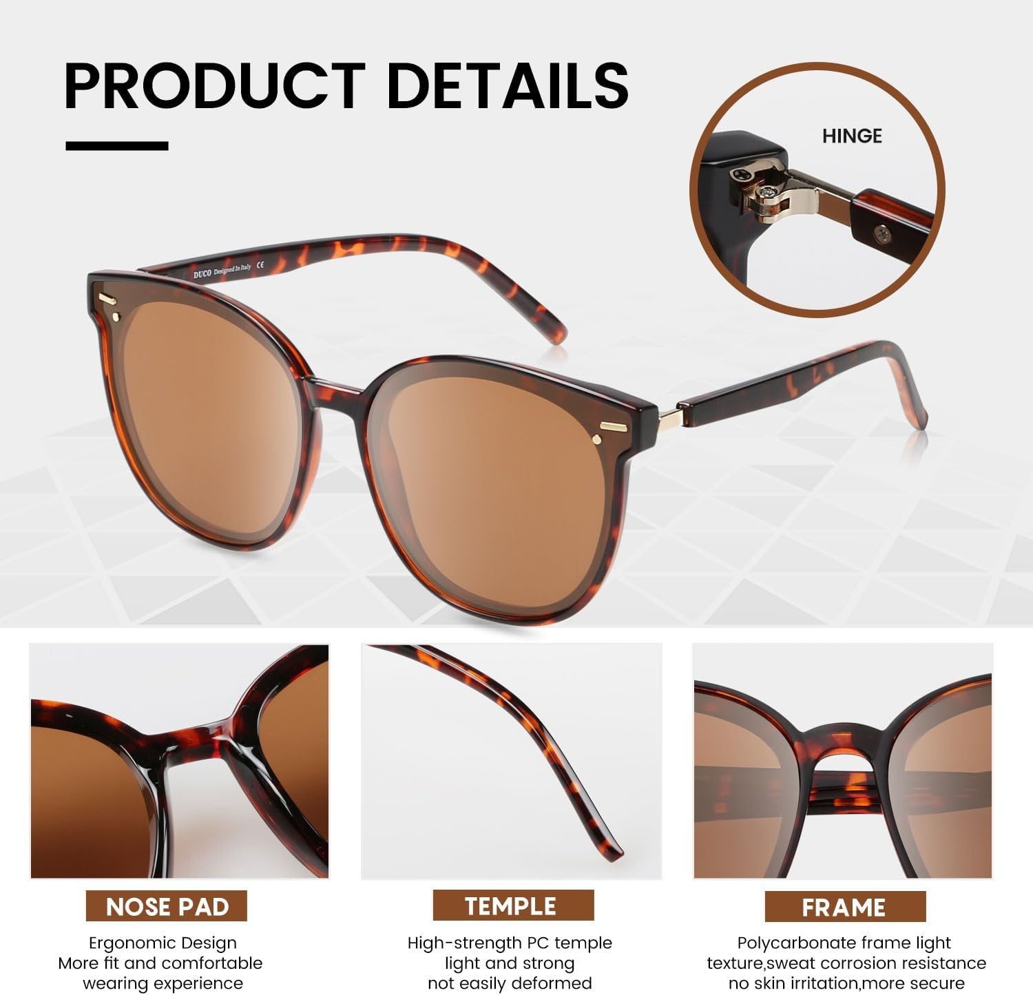 image:imageDUCO Retro Round Polarized Sunglasses for Women Men Oversized Vintage Shades W017 L Size Tortoise Brown Frame Brown Lens
