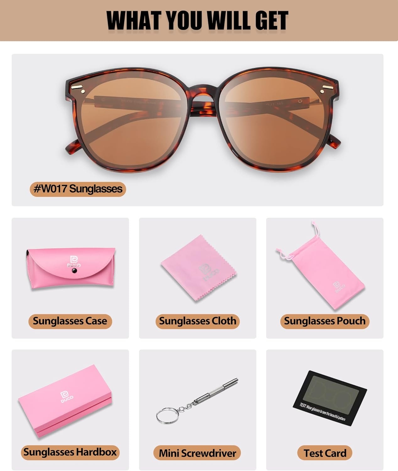 image:imageDUCO Retro Round Polarized Sunglasses for Women Men Oversized Vintage Shades W017 L Size Tortoise Brown Frame Brown Lens