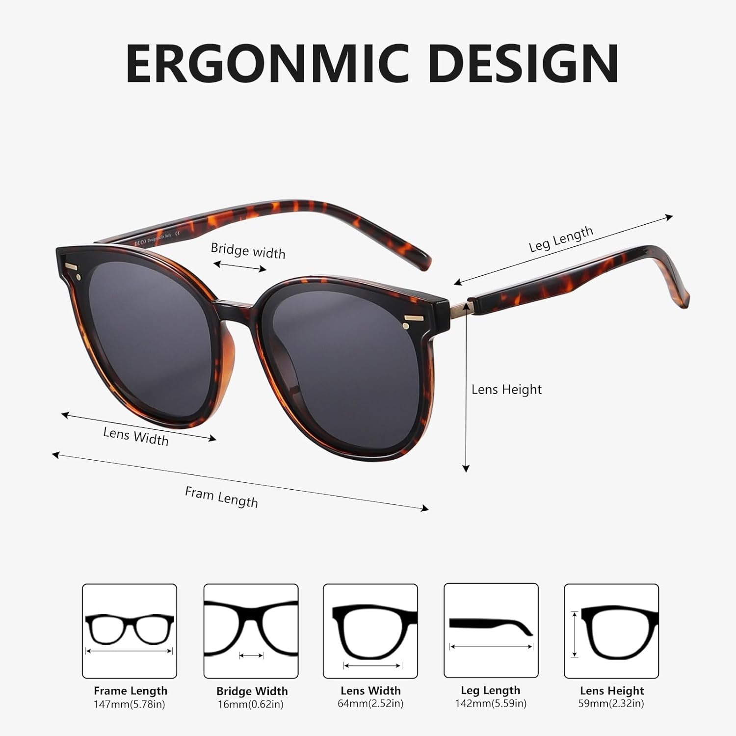 image:imageDUCO Retro Round Polarized Sunglasses for Women Men Oversized Vintage Shades W017 L Size Tortoise Brown Frame Grey Lens