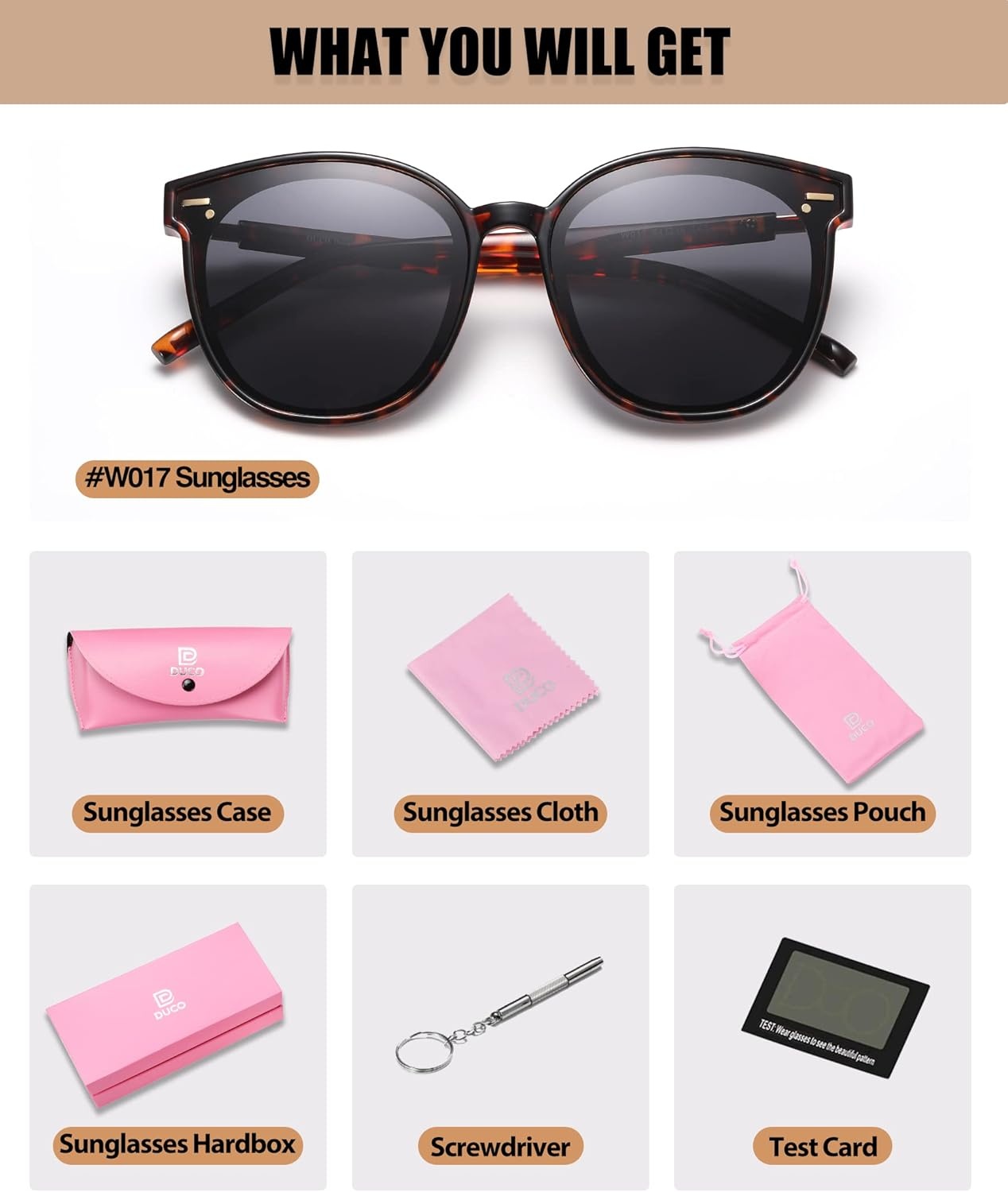 image:imageDUCO Retro Round Polarized Sunglasses for Women Men Oversized Vintage Shades W017 L Size Tortoise Brown Frame Grey Lens