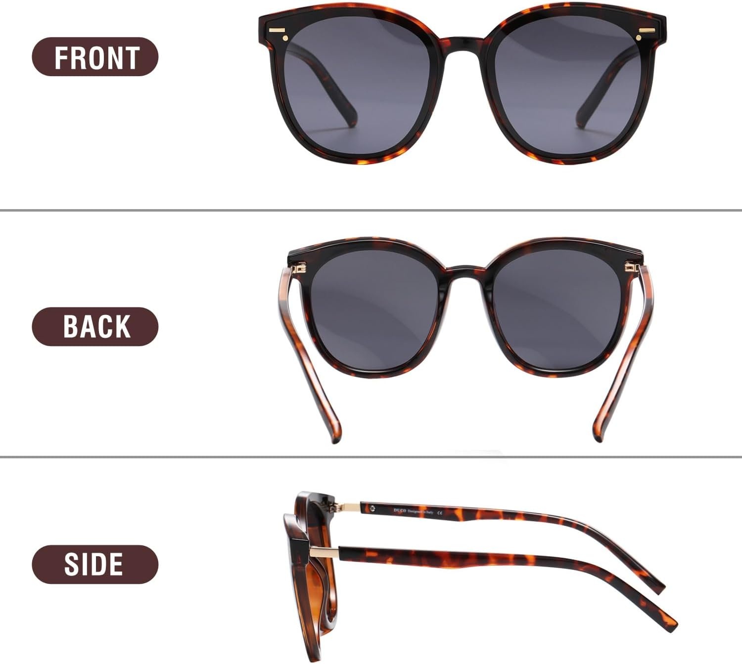 image:imageDUCO Retro Round Polarized Sunglasses for Women Men Oversized Vintage Shades W017 L Size Tortoise Brown Frame Grey Lens