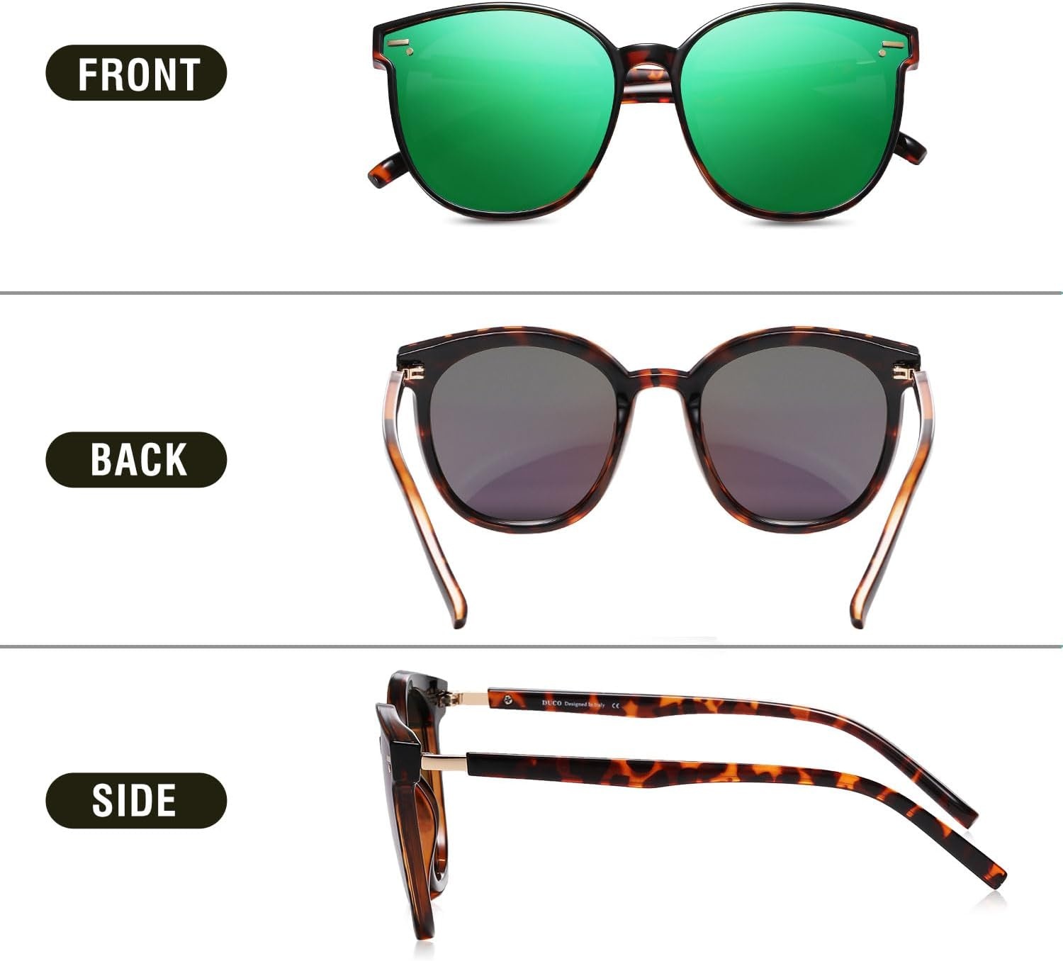 image:imageDUCO Retro Round Polarized Sunglasses for Women Men Oversized Vintage Shades W017 L Size Tortoise Brown Frame Revo Green Lens