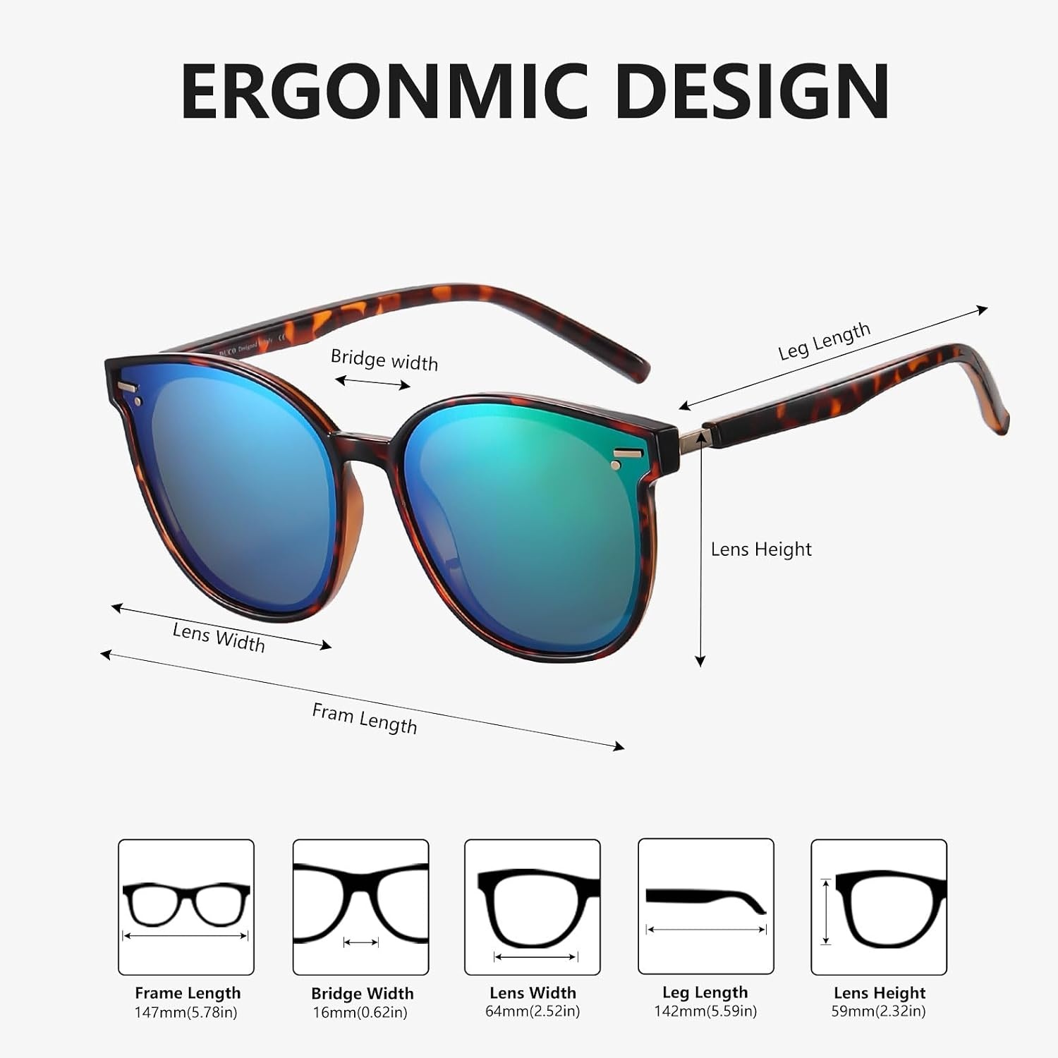 image:imageDUCO Retro Round Polarized Sunglasses for Women Men Oversized Vintage Shades W017 L Size Tortoise Brown Frame Revo Green Lens