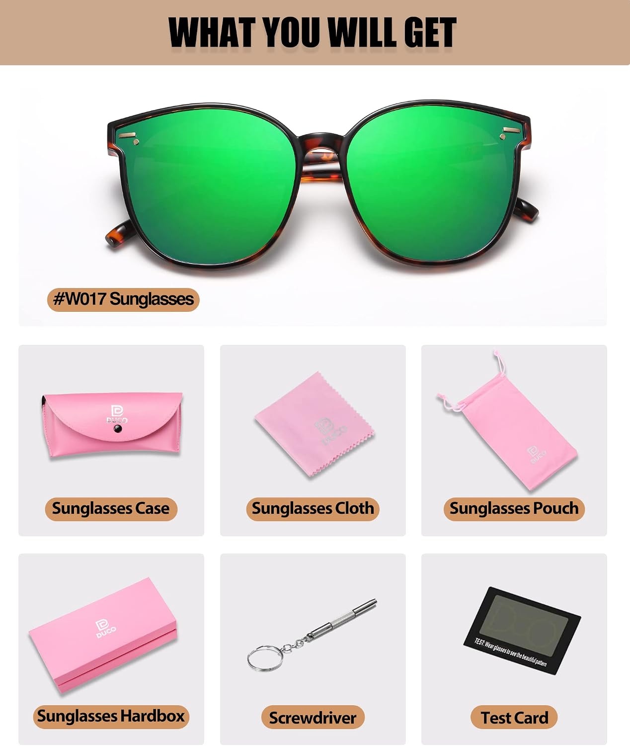 image:imageDUCO Retro Round Polarized Sunglasses for Women Men Oversized Vintage Shades W017 L Size Tortoise Brown Frame Revo Green Lens