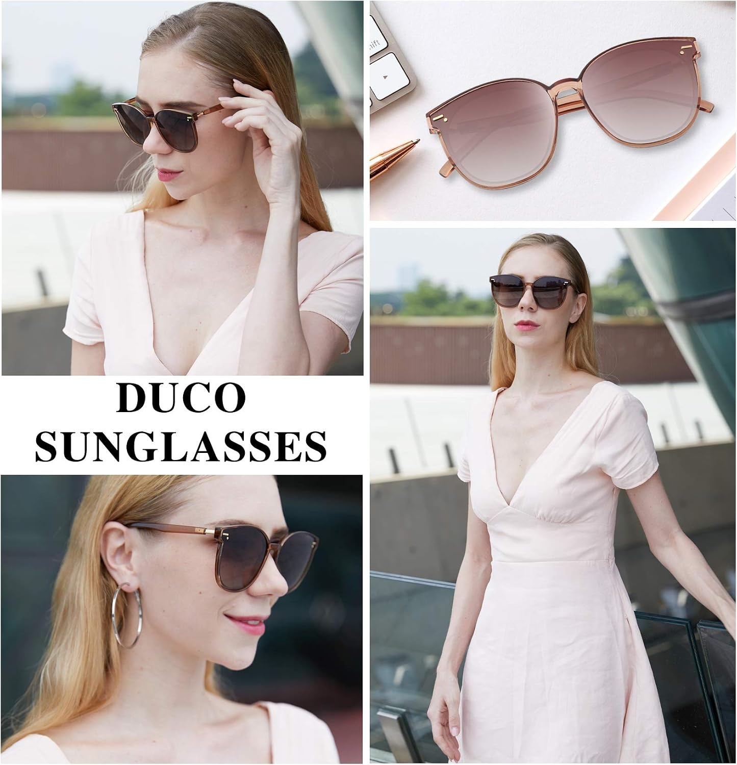 image:imageDUCO Retro Round Polarized Sunglasses for Women Men Oversized Vintage Shades W017 L Size Transparent Frame Brown Lens