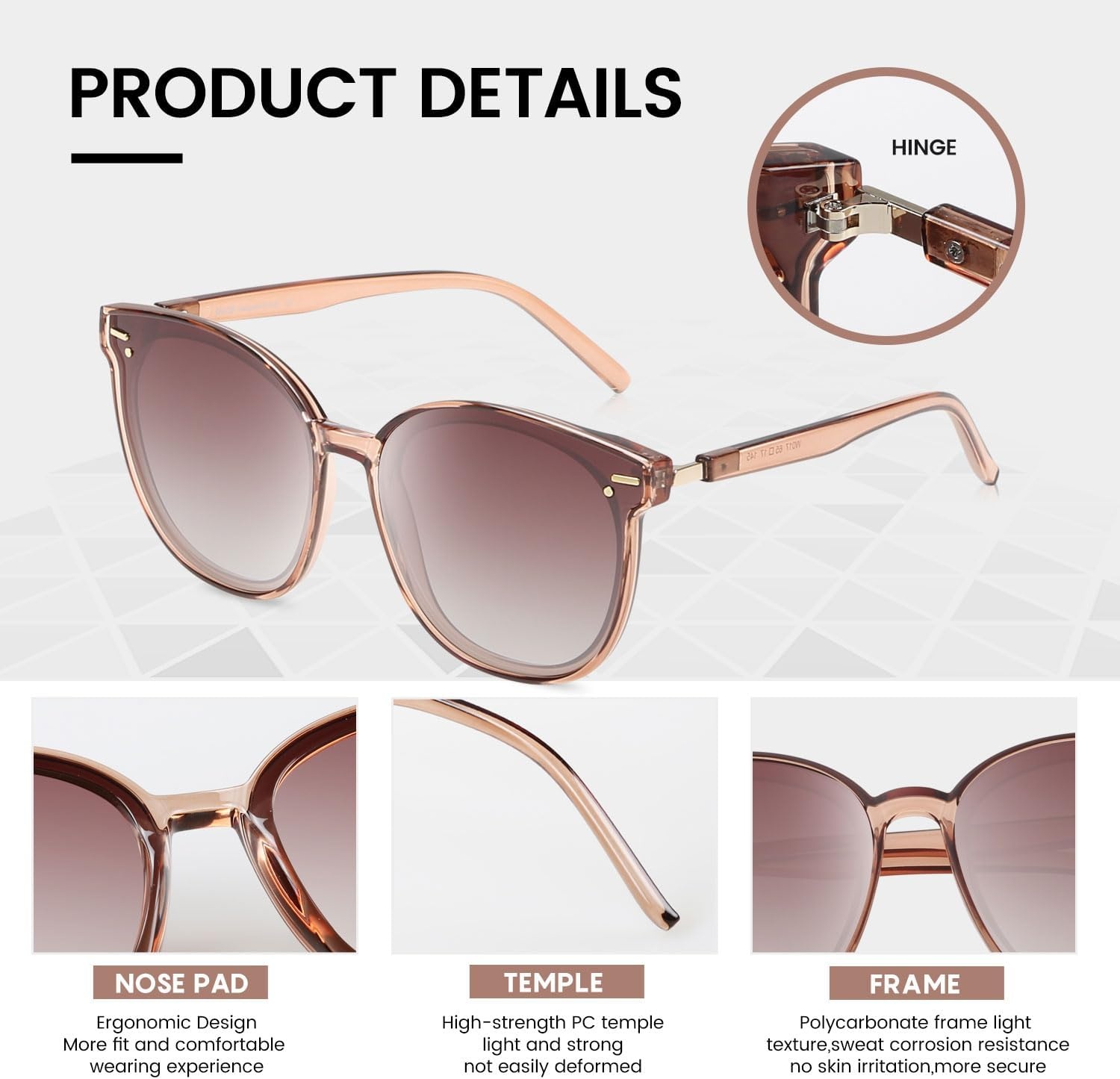 image:imageDUCO Retro Round Polarized Sunglasses for Women Men Oversized Vintage Shades W017 L Size Transparent Frame Brown Lens