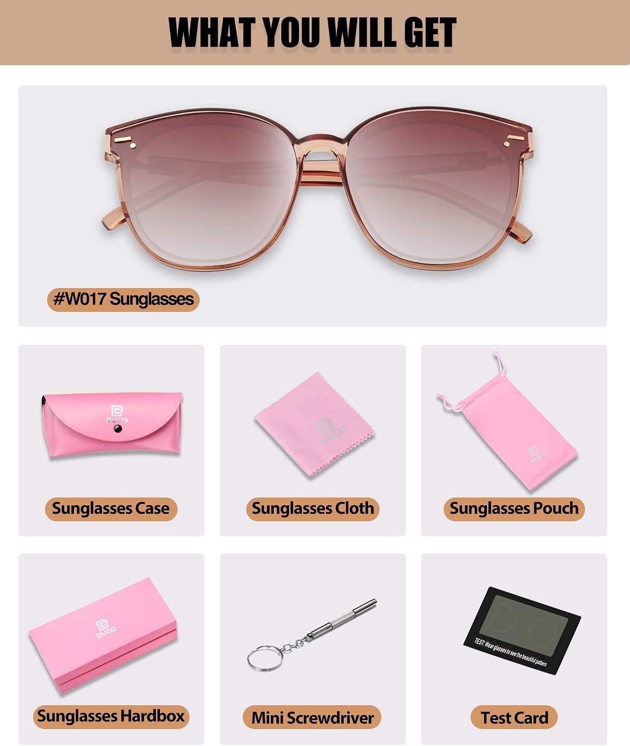 image:imageDUCO Retro Round Polarized Sunglasses for Women Men Oversized Vintage Shades W017 L Size Transparent Frame Brown Lens
