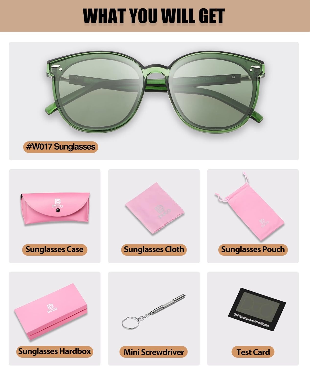 image:imageDUCO Retro Round Polarized Sunglasses for Women Men Oversized Vintage Shades W017 L Size Transparent Green Frame Green Lens