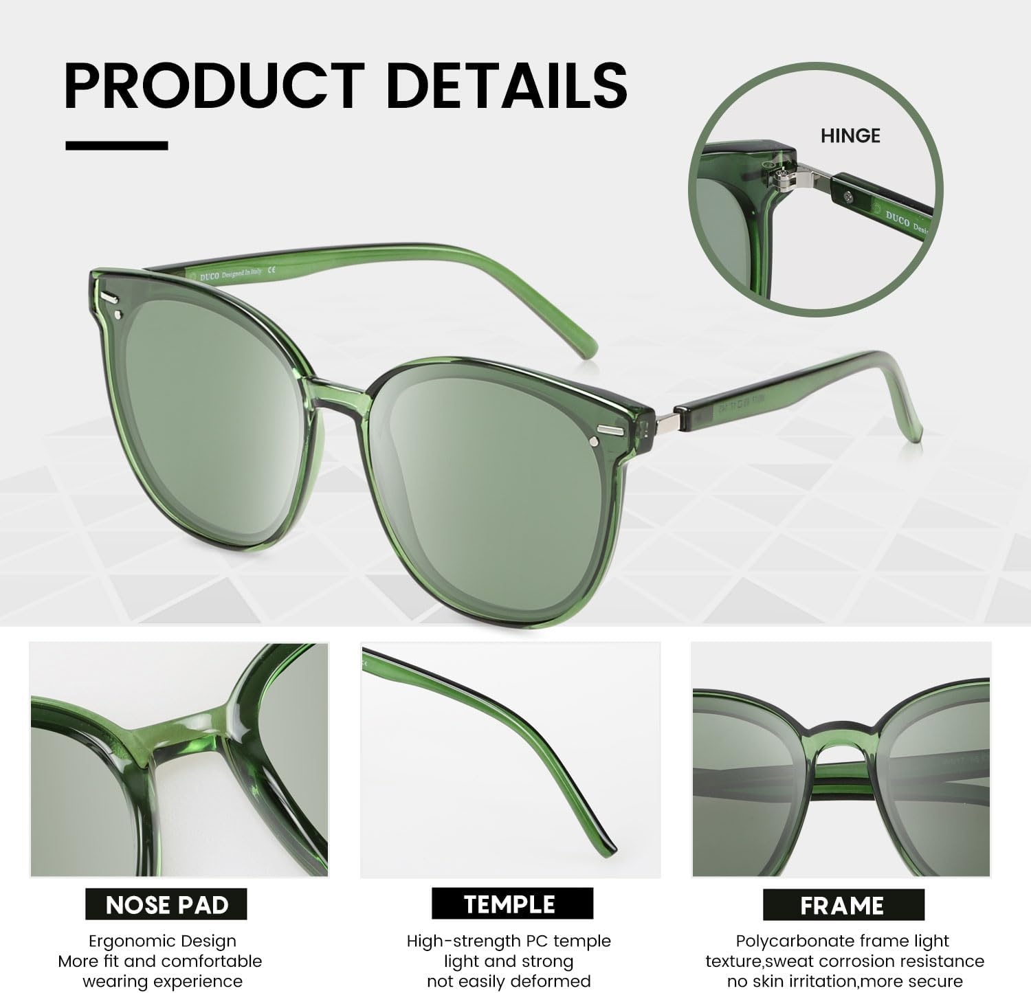 image:imageDUCO Retro Round Polarized Sunglasses for Women Men Oversized Vintage Shades W017 L Size Transparent Green Frame Green Lens