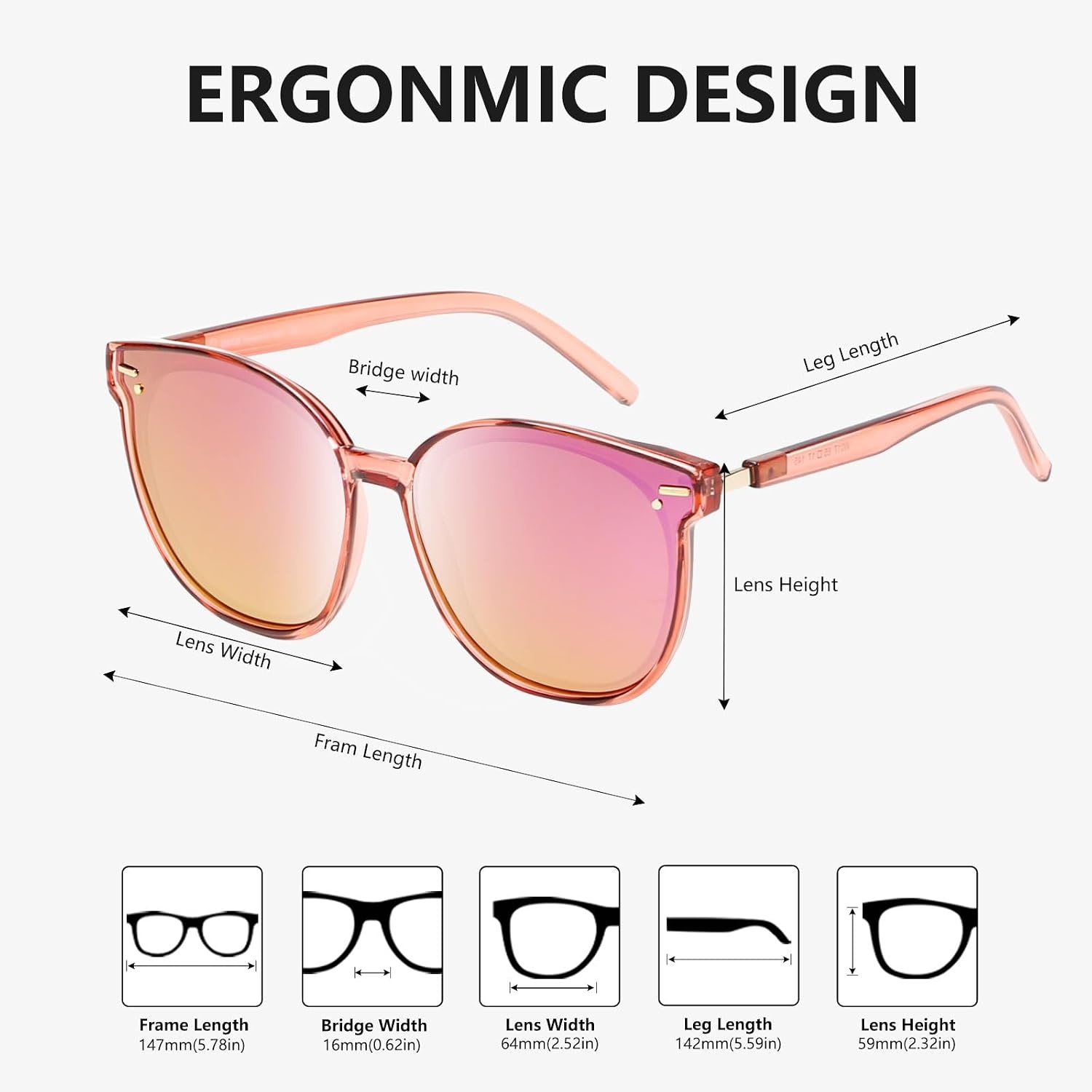 image:imageDUCO Retro Round Polarized Sunglasses for Women Men Oversized Vintage Shades W017 L Size Transparent Pink Frame Revo Pink Lens