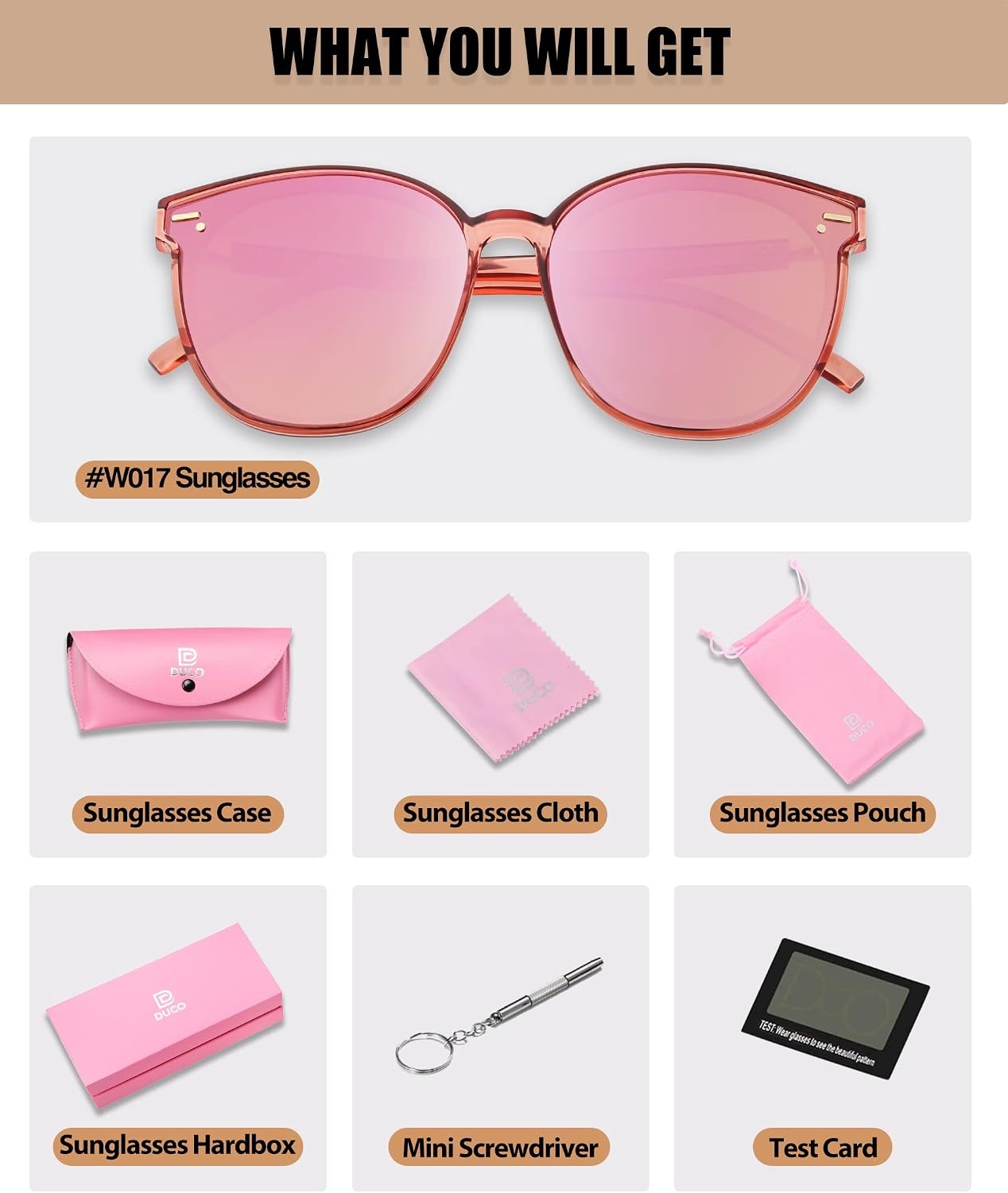image:imageDUCO Retro Round Polarized Sunglasses for Women Men Oversized Vintage Shades W017 L Size Transparent Pink Frame Revo Pink Lens