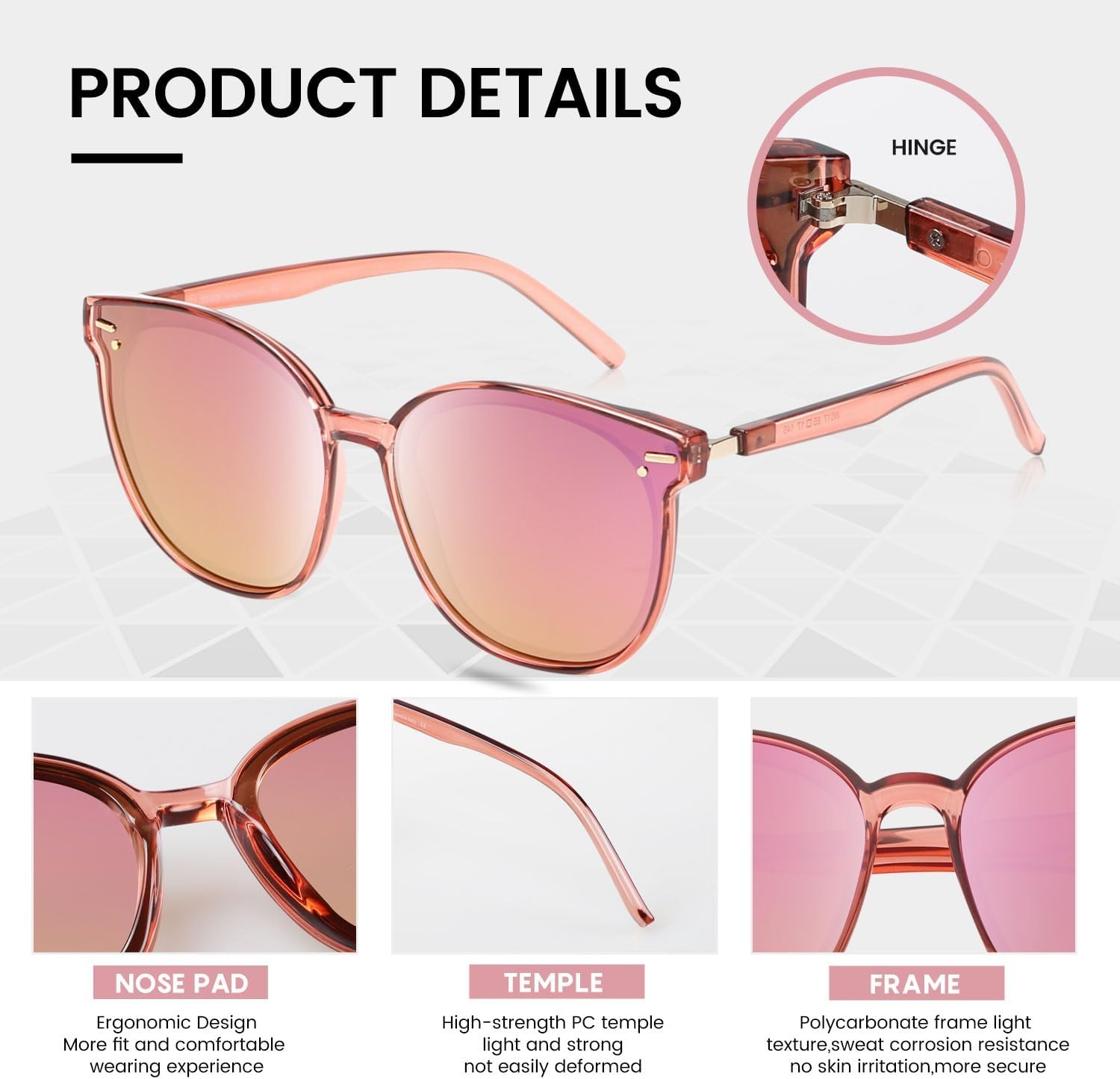 image:imageDUCO Retro Round Polarized Sunglasses for Women Men Oversized Vintage Shades W017 L Size Transparent Pink Frame Revo Pink Lens