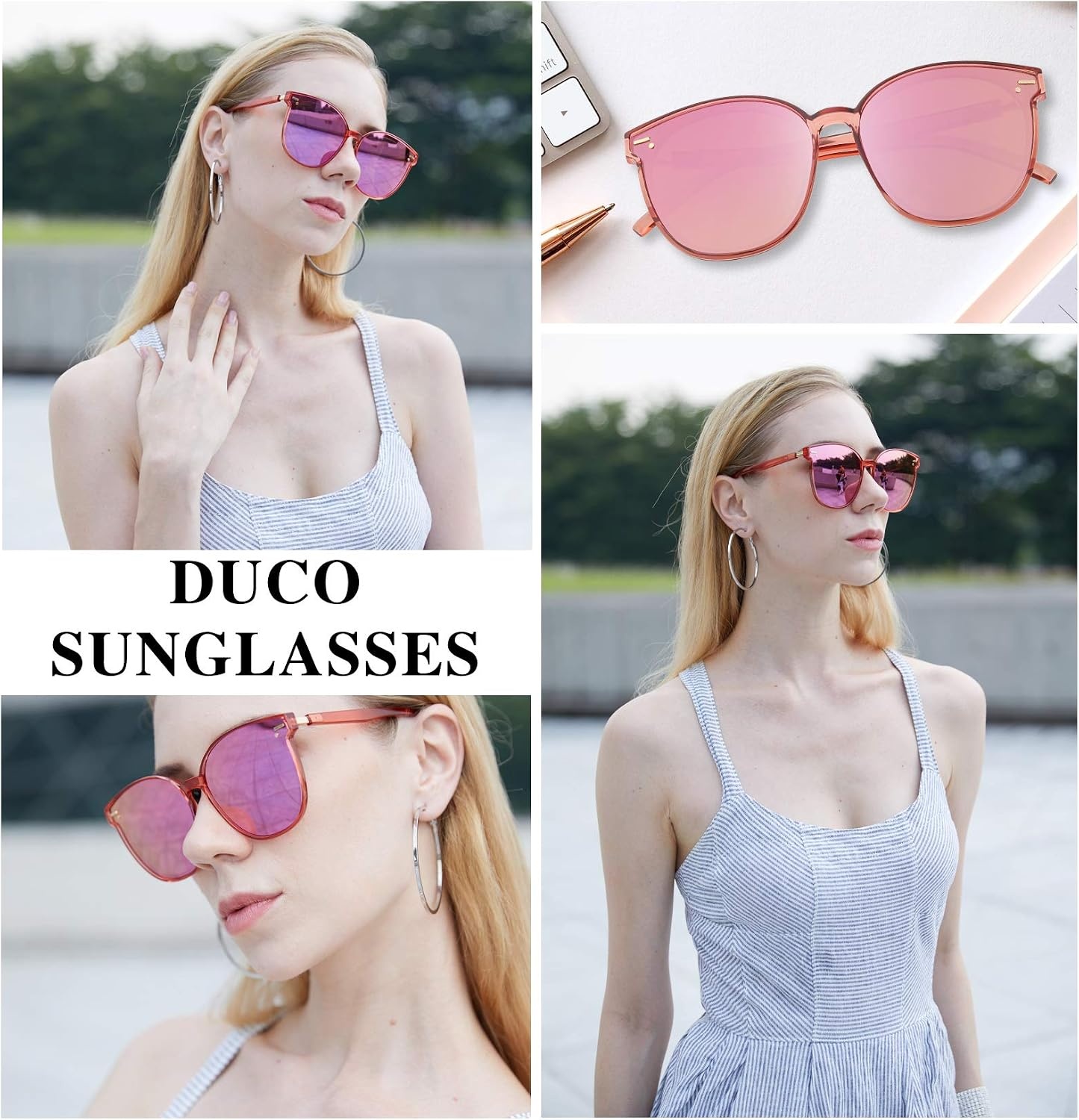 image:imageDUCO Retro Round Polarized Sunglasses for Women Men Oversized Vintage Shades W017 L Size Transparent Pink Frame Revo Pink Lens