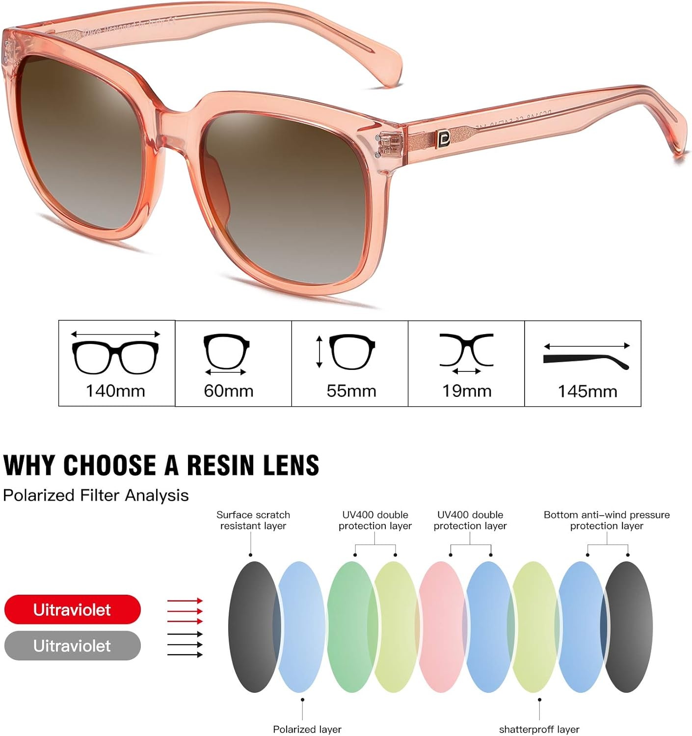 image:imageDUCO Retro Vintage Oversized Square Sunglasses for Women Big Luxury Womens Sun Glasses UV Protection DC2148Transparent Orange